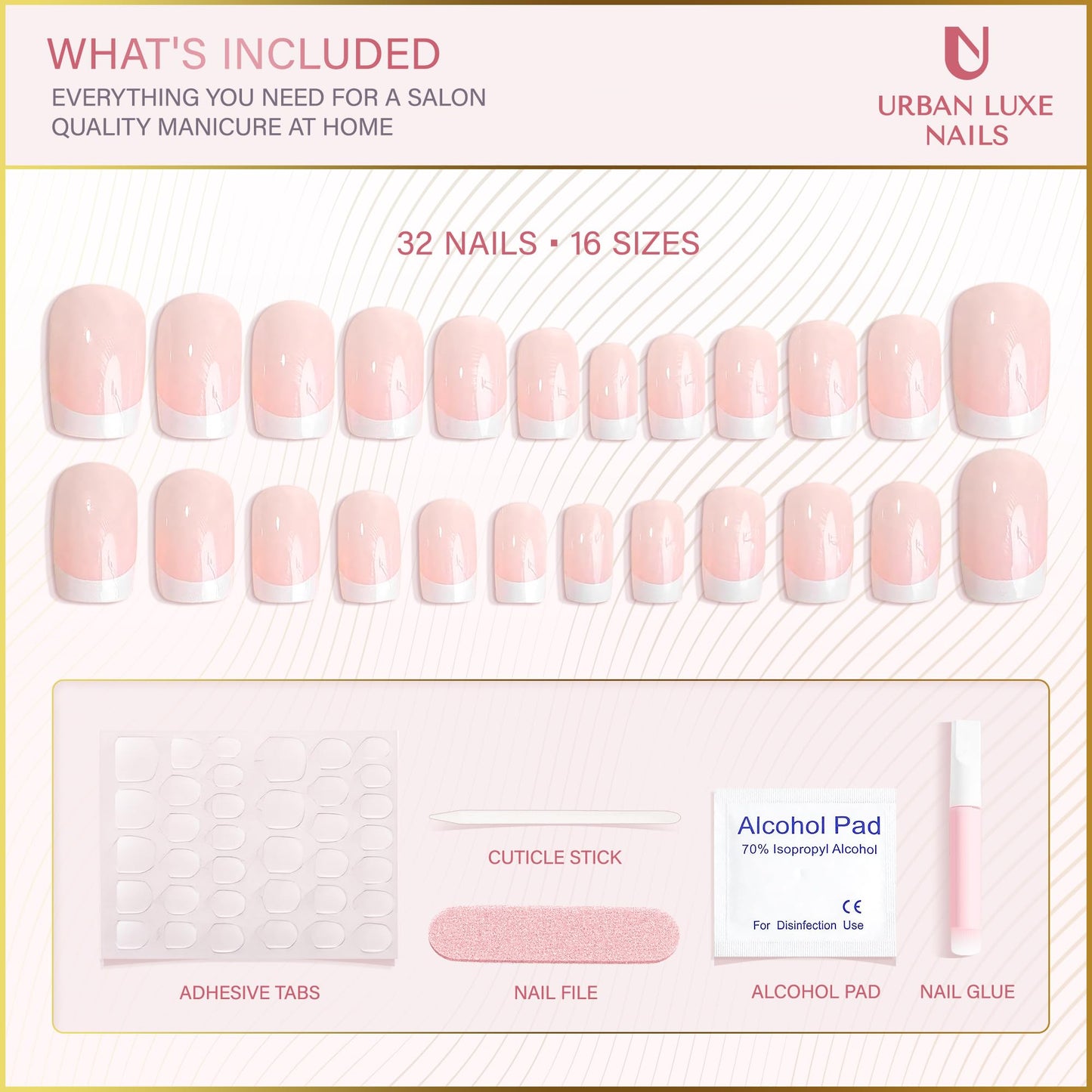 Urban Luxe Nails Premium Press On Nails - Short French Tip Press On Nails with Salon-Quality Finish, 32-Piece Set with Adhesive Tabs, Includes Jelly Glue for Nails & Prep Tools (Barely Blush)