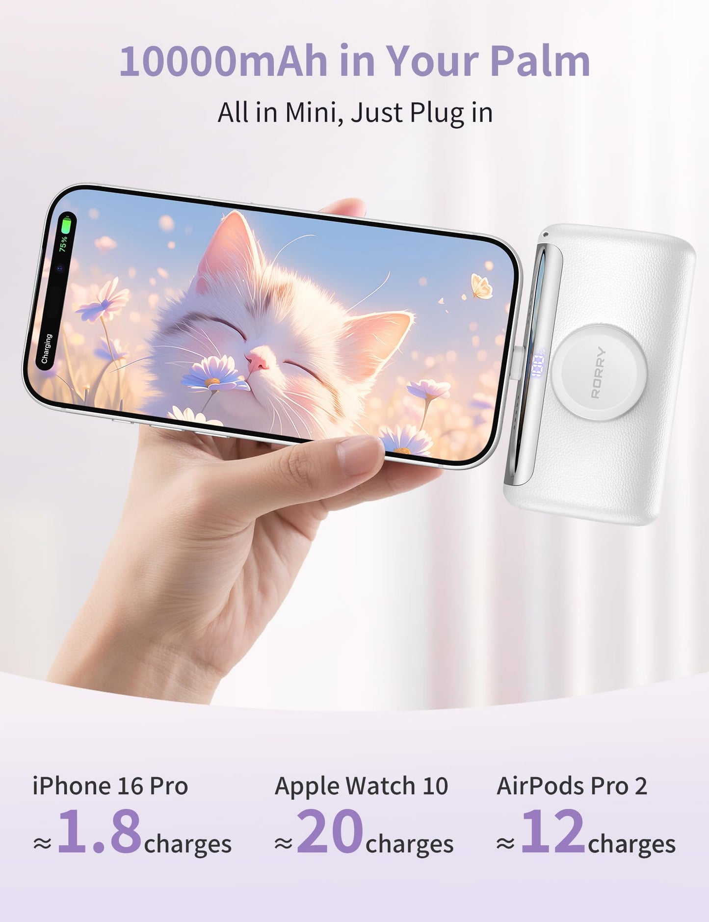 RORRY PalmGo Portable Charger, 10000mAh PD 22.5W Fast Charging Mini Power Bank with Built-in USB C Connector, 3-in-1 Battery Pack for iPhone 17/16/15 Pro/Max, Apple Watch Ultra/11/10/SE, iPad, White