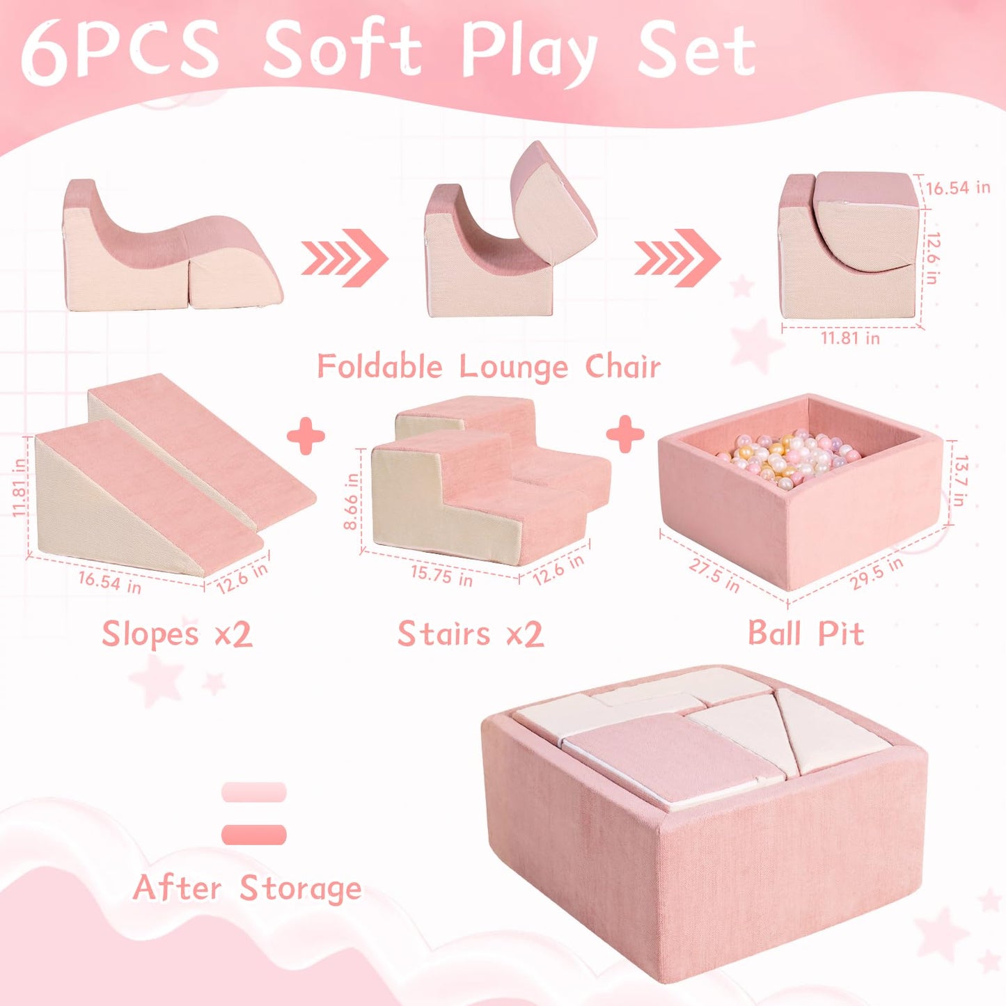 STAOLENE Soft Foam Climbing Blocks with Ball Pit, 6PCS Beige & Pink Indoor Climbing Toys for Toddler, Climb and Crawl Activity Play Set, Play Gym for Child Development (Balls not Included)