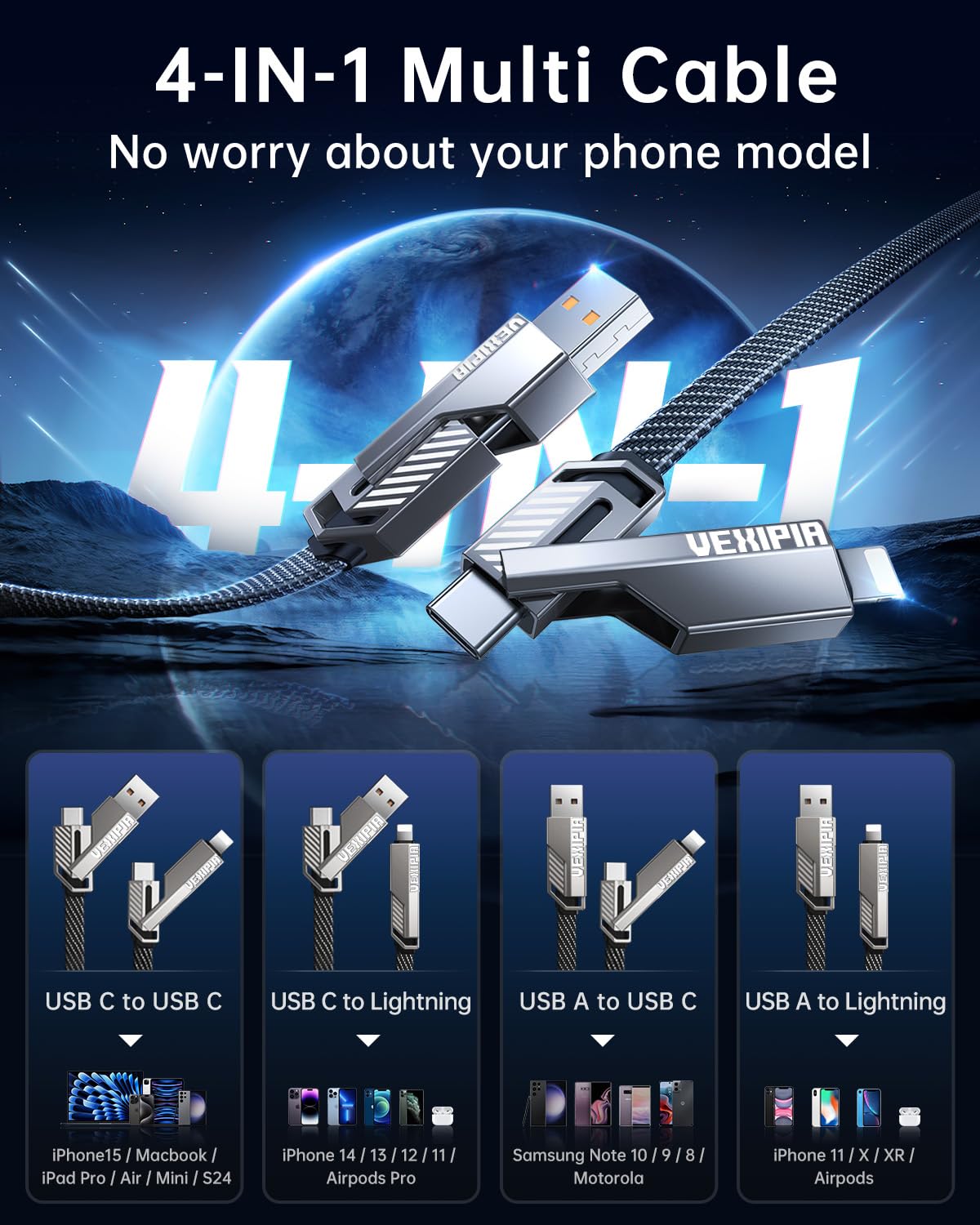[Upgraded] 4-in-1 USB C Cable 240W 5FT Compatible with Lightning Cable [Fast Charging & Data Transfer] Flat Nylon Braided for iPhone iPad Charger Cord, Multi Charge Wire Combo with L/Type C/USB A Port