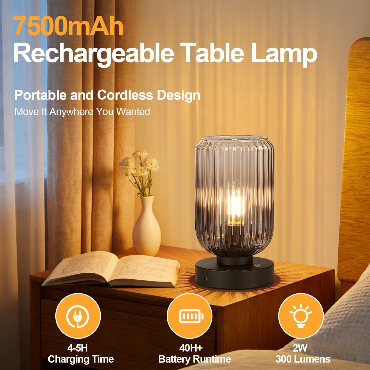 LigthRound Touch Table Lamp for Bedroom, Cordless Bedside Small Table Lamp, Dimmable Rechargeable Battery Operated Lamp for Nightstand, Bedside, Living Room, Desk, LED Bulb Included