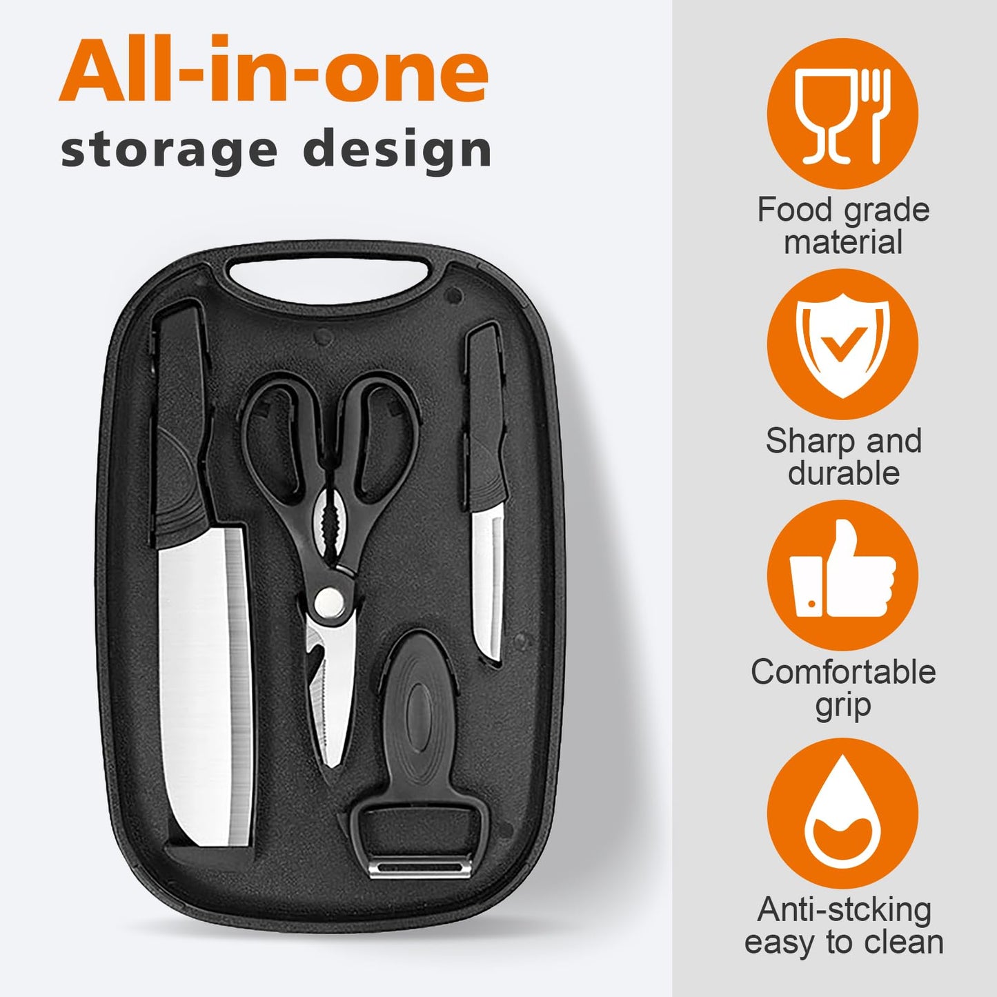 YERGOFE 5 in 1 Portable Camping Kitchen Utensil Set- Portable Cutting Board and Kitchen Utensil Set, Mini Travel Kitchen for Camping and Dorm Room, Space-Saving Cutting Board