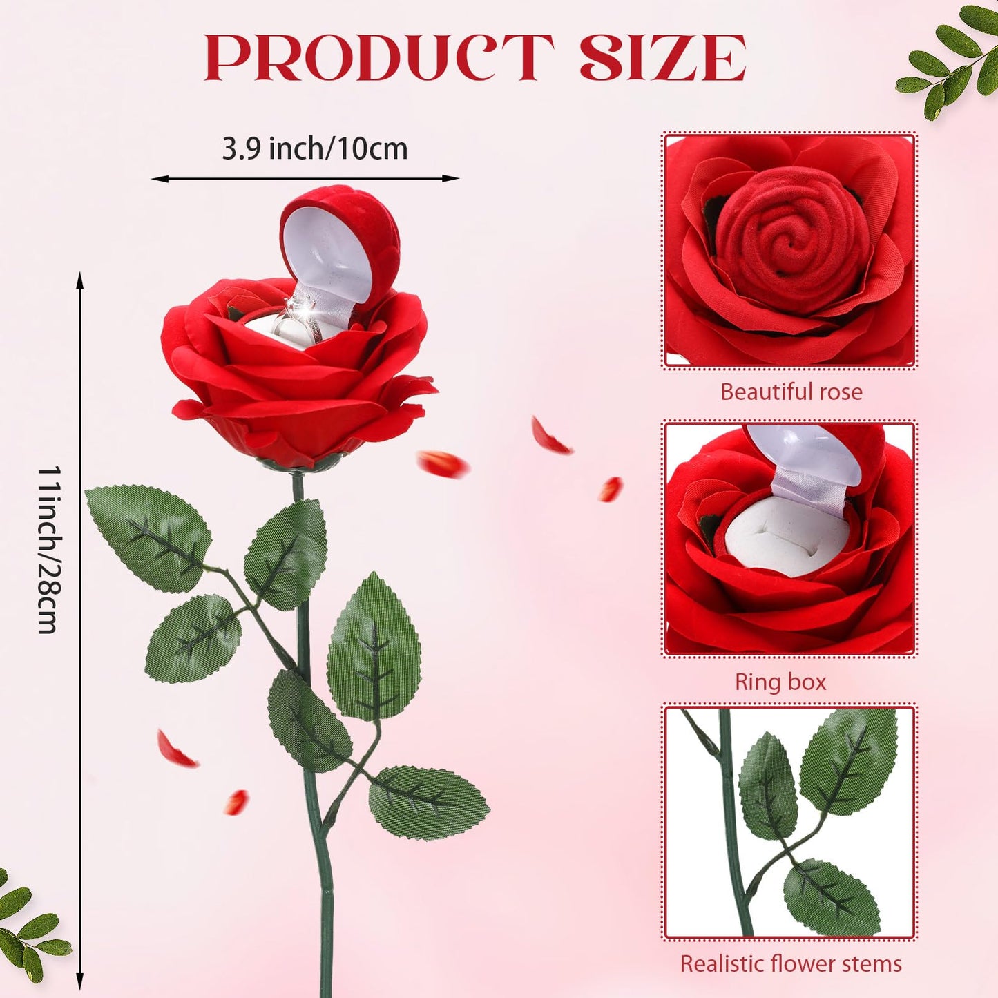 CroBlissful Noble Red Rose Ring Box Jewelry Box Case Engagement Ring Box with Stem for Wedding Proposal(Classic Style)