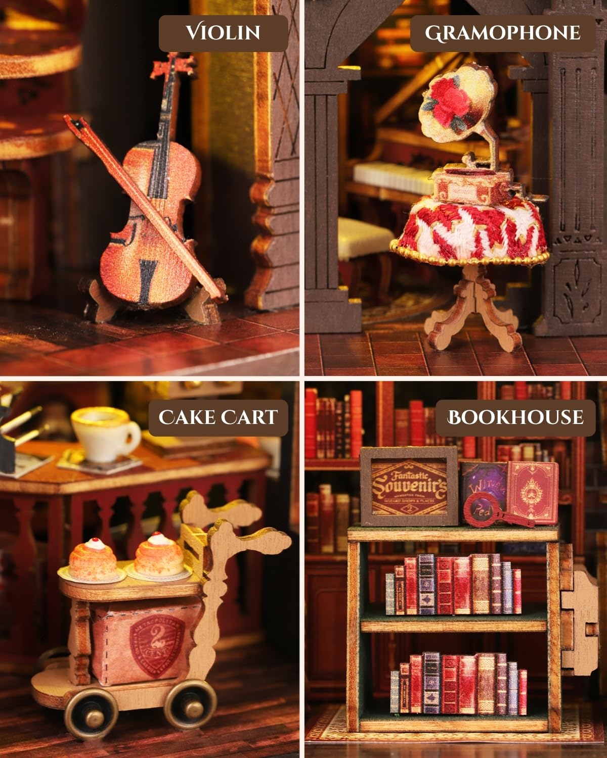 Merrifete Letter Coffee DIY Miniature House Kit with LED Light - Assembled Dollhouse Kit for Shelf Decor - Wood 3D Puzzles Tiny House Book Nook - Creative Gift for Adults at Birthday Christmas