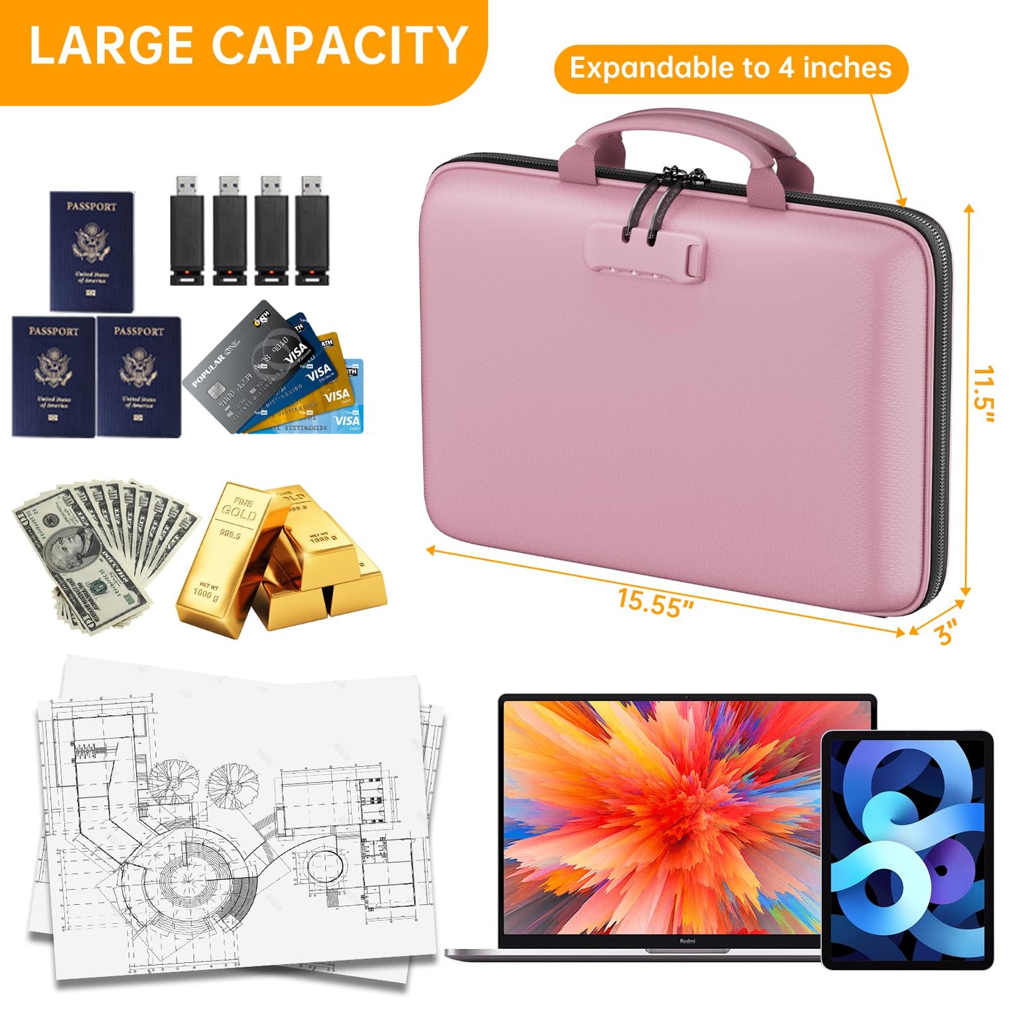 DocSafe Fireproof File Organizer with Lock, Hard-Shell Case Fireproof Document Box with 13 Pocket Accordion File Folder, Portable Home Office Travel Safe Storage for Important Documents Laptop Pink
