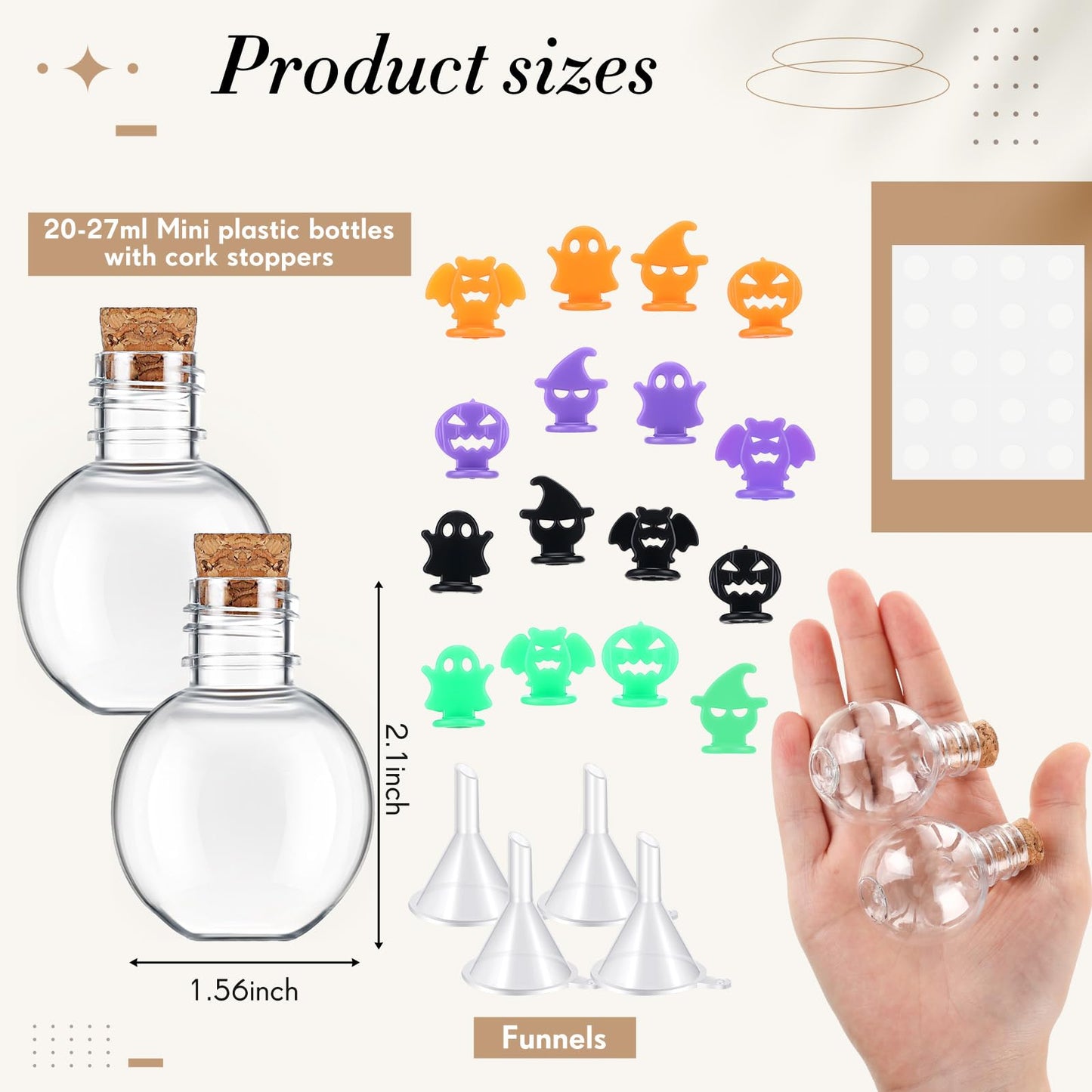 Bokon 36 Pack Mini Plastic Bottles with Corks Funnels Plastic Potion Bottles Tiny Clear Sand Art Jar Wishing Vial Witch Potion Jars for Decorations Birthday Party DIY Crafts Gift(Spherical)