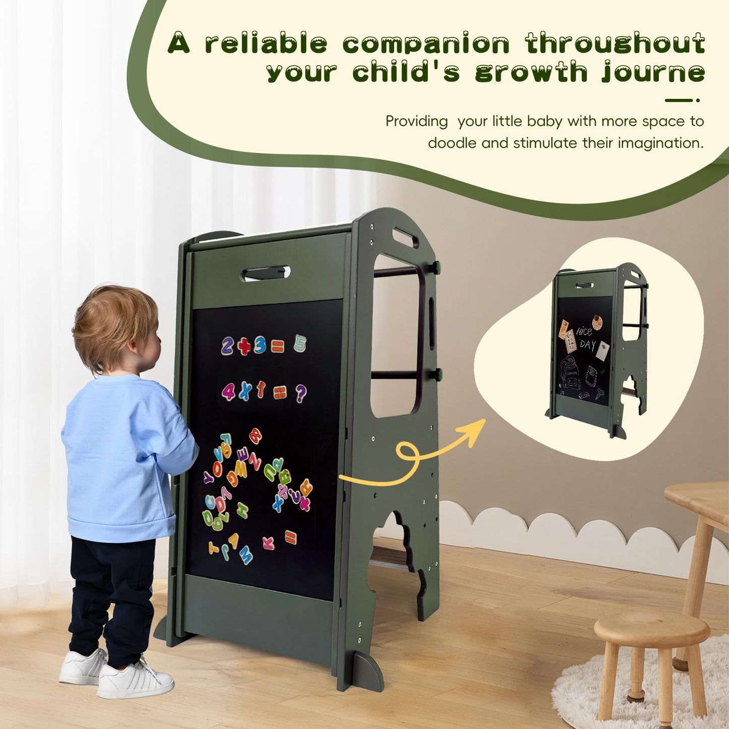 Toddler Kitchen Step Stool,Kids Standing Tower, Removable Anti-Drop Railing Safety Rail,A Anti-tip Structure More Stable, Natural Wooden