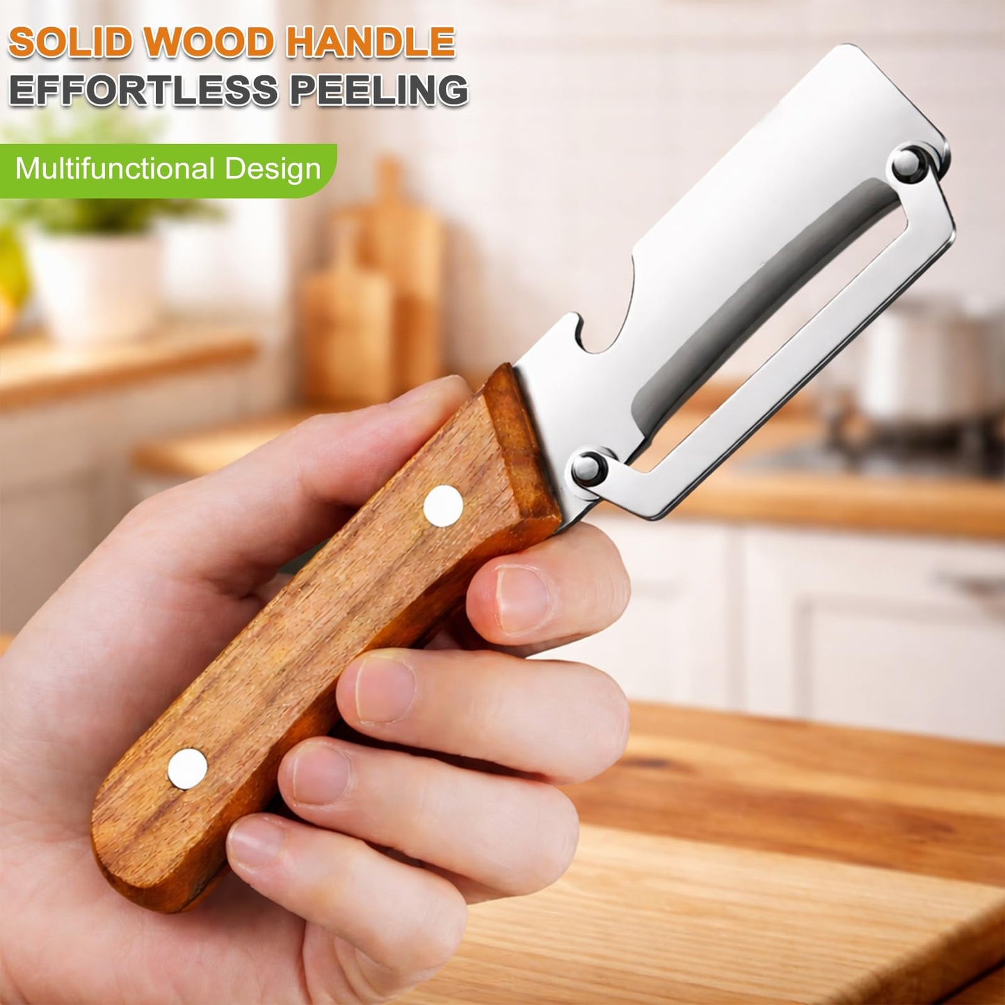 Multi Functional Vegetable Peeler with Wooden Handle and Bottle Opener, Stainless Steel Kitchen Peeler Tool for Potato Apple Pumpkin Papaya, Premium Single Blade Food Peelers (2pcs)