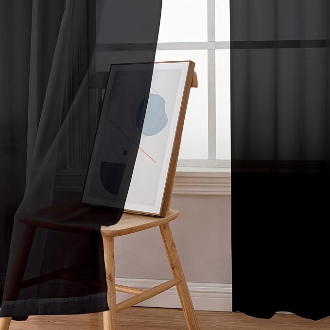 Simplebrand Black Sheer Curtains 120 Inches Long, Extra Long Rod Pocket Solid Color Window Sheer Curtain Panels, Elegant Curtains & Drapes for Living Room, Bedroom 2 Panels (Black, 59" W x 120" L)