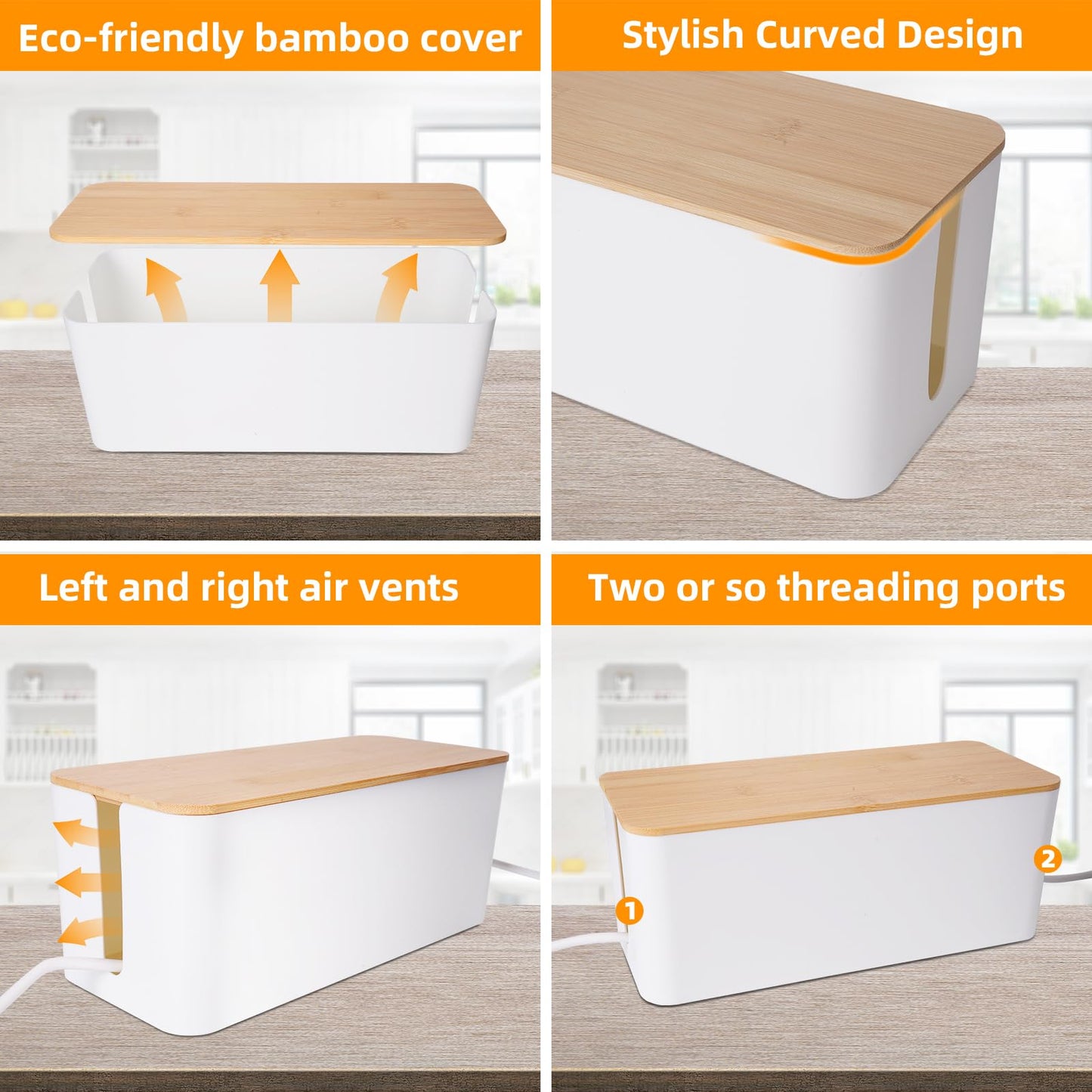 2 Pack Cable Management Box – Child and Pet-Proof Cord Organizer with Bamboo-Style Design, Large Capacity Cable Cover for Hiding TV Wires, Computer Cables, Power Strips,and USB Hubs, White