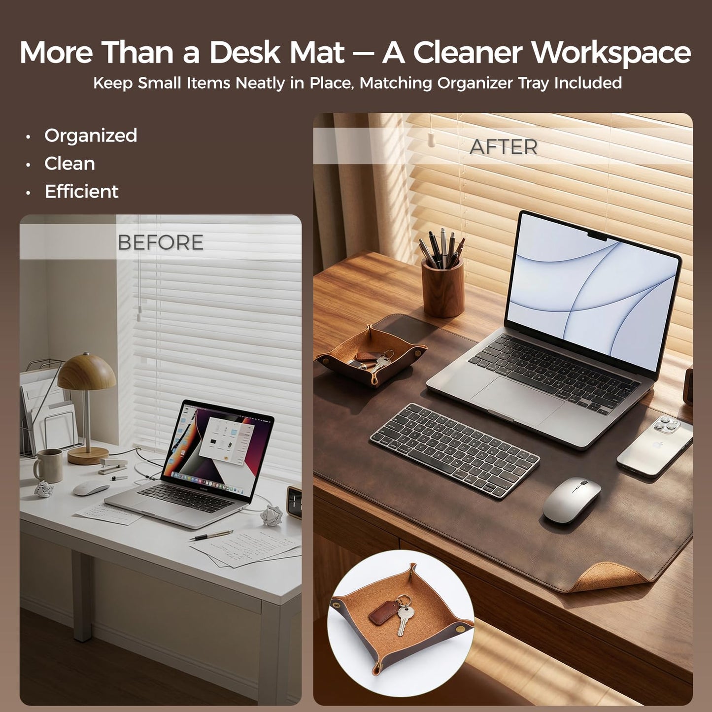 Premium Faux Leather Desk Mat & Tray Set，Innovative Cork-Look Printed Base，Gift Tube Packaging，Full-Desk Coverage，Non-Slip Desk Pad for Office Home（Espresso Brown）