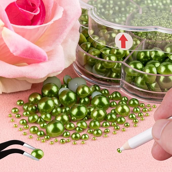 Nail Art Flat Back Half Round Pearl Kits 27, 1 Box of 6000 Pcs Flat-Back Green with Tweezer and Picker Pencil for Home DIY Nails Body Face Craft and Salon Use
