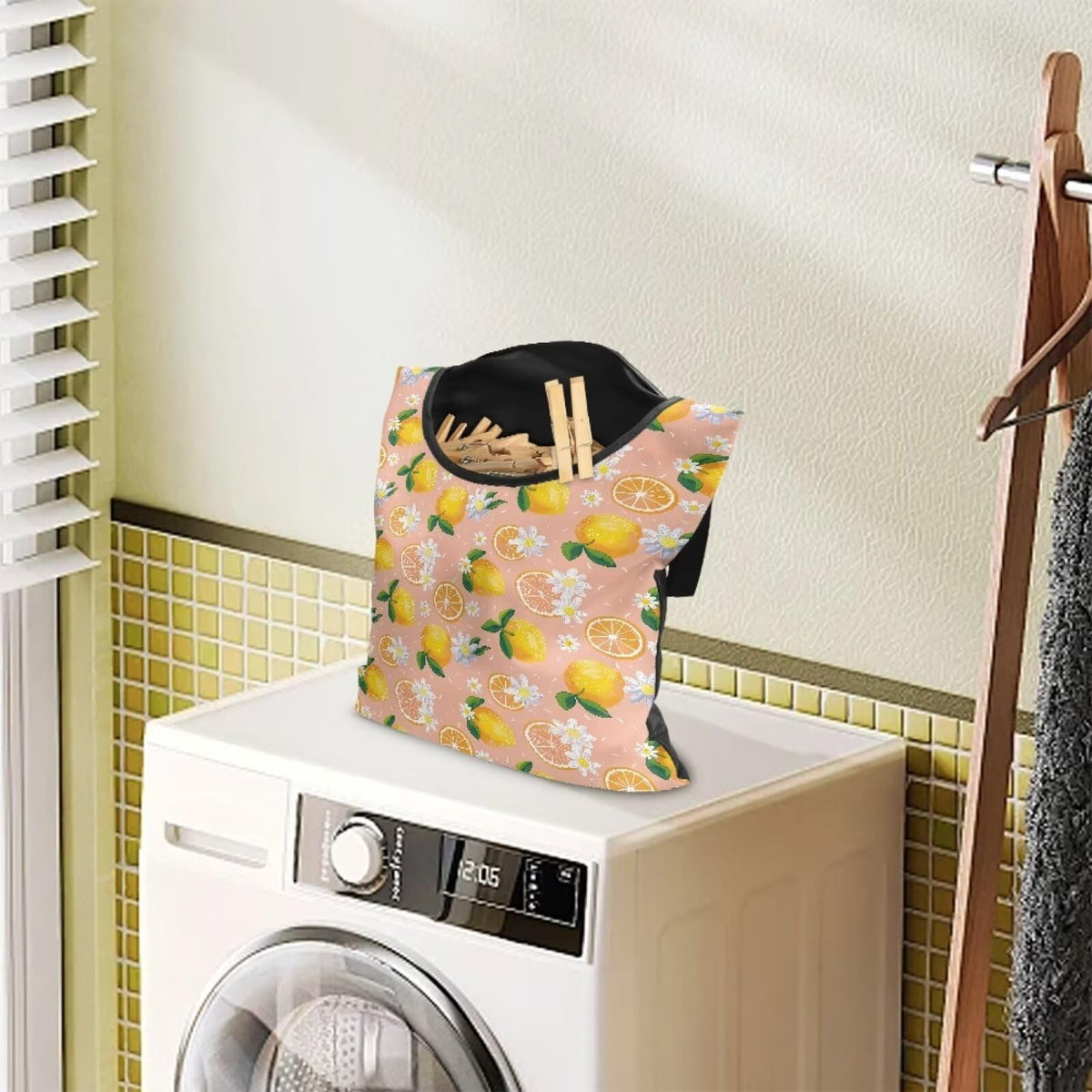 Lemon Print Clothespin Holder with Hanger Hook