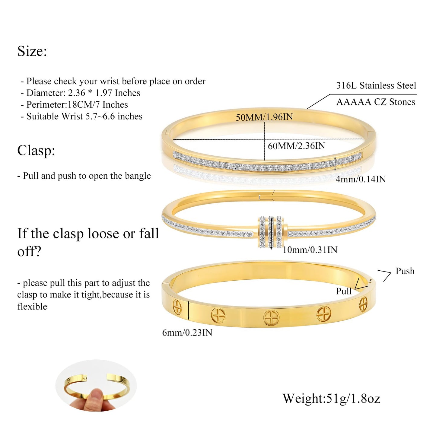 Camhanno Gold Bracelets for Women - Crystal Stackable Bangles with Friendship & Love Theme - Stainless Steel Jewelry, Ideal Birthday Gift (Style 5)