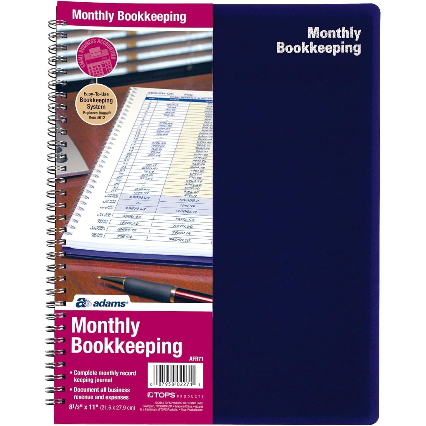 Adams Monthly Bookkeeping Record Book - 8.5" x 11" Spiral Bound 4 Column Ledger 128 Pages - Undated Accounting Ledger Book for Small Business, Payroll, Budget Tracking - Durable Poly Cover - 1 Unit