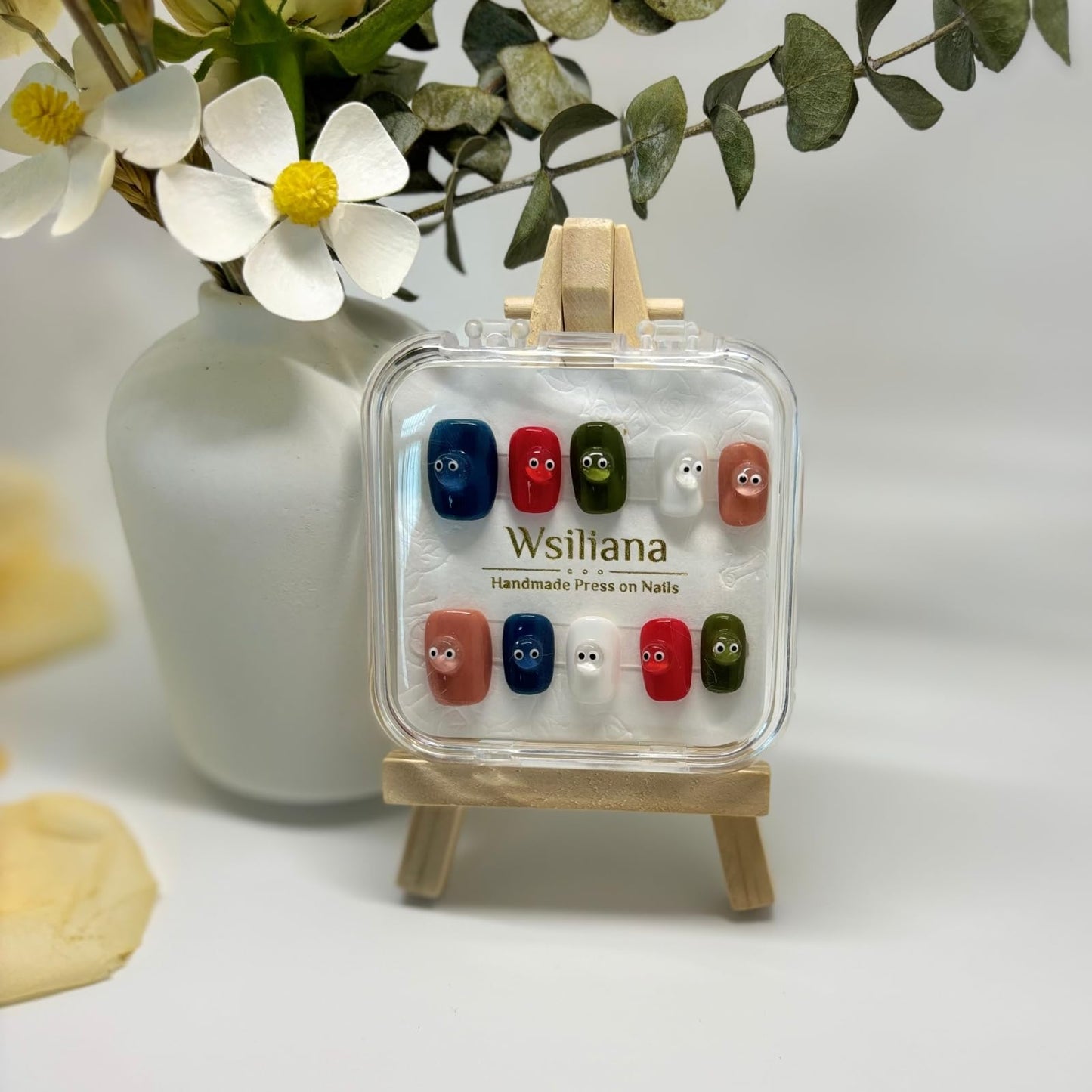 Wsiliana Handmade Fake Nails Press On Nails Medium Short Coffin Pink Tip 3D Design Art Charms Cute with Storage Box 10 Pcs (024, L)