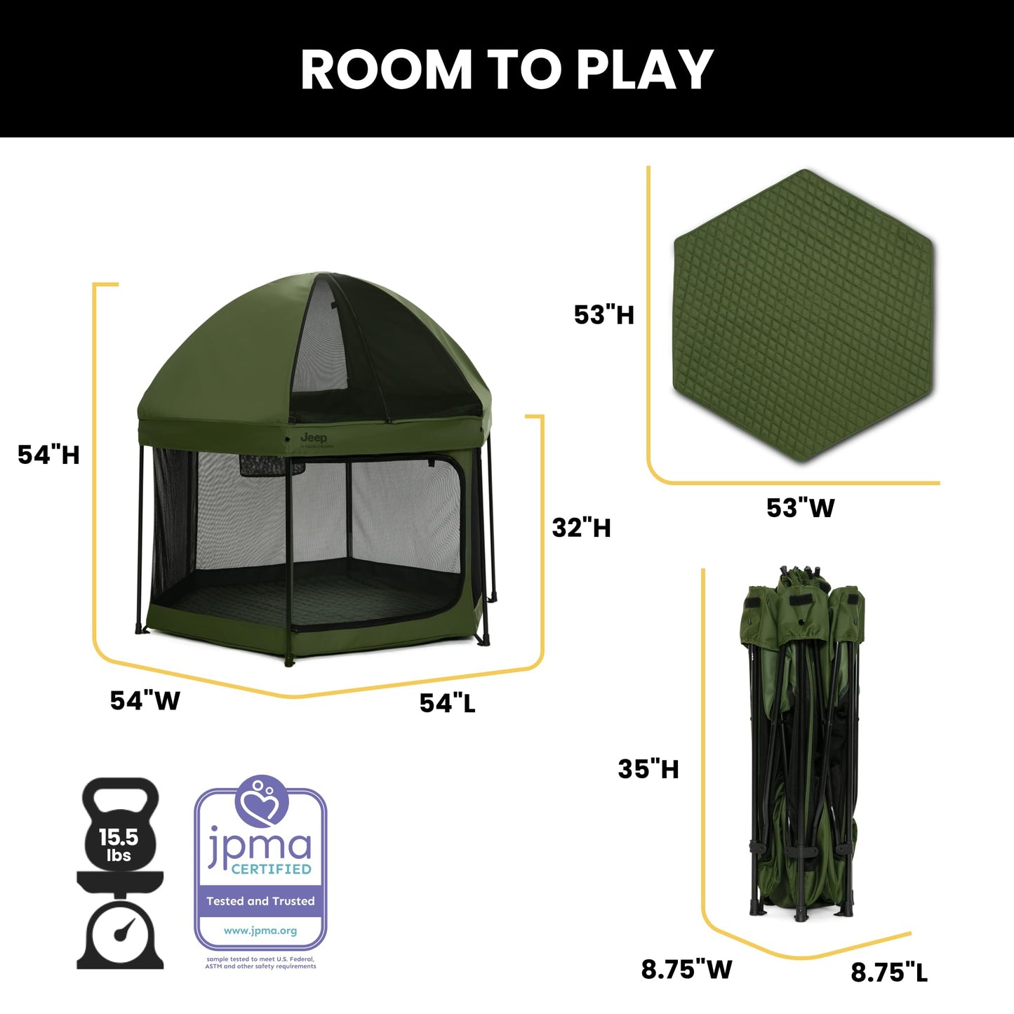 Jeep Hexagon Pop Up Play Yard with Removable Canopy | Ideal for Indoor and Outdoor Use, Olive Green