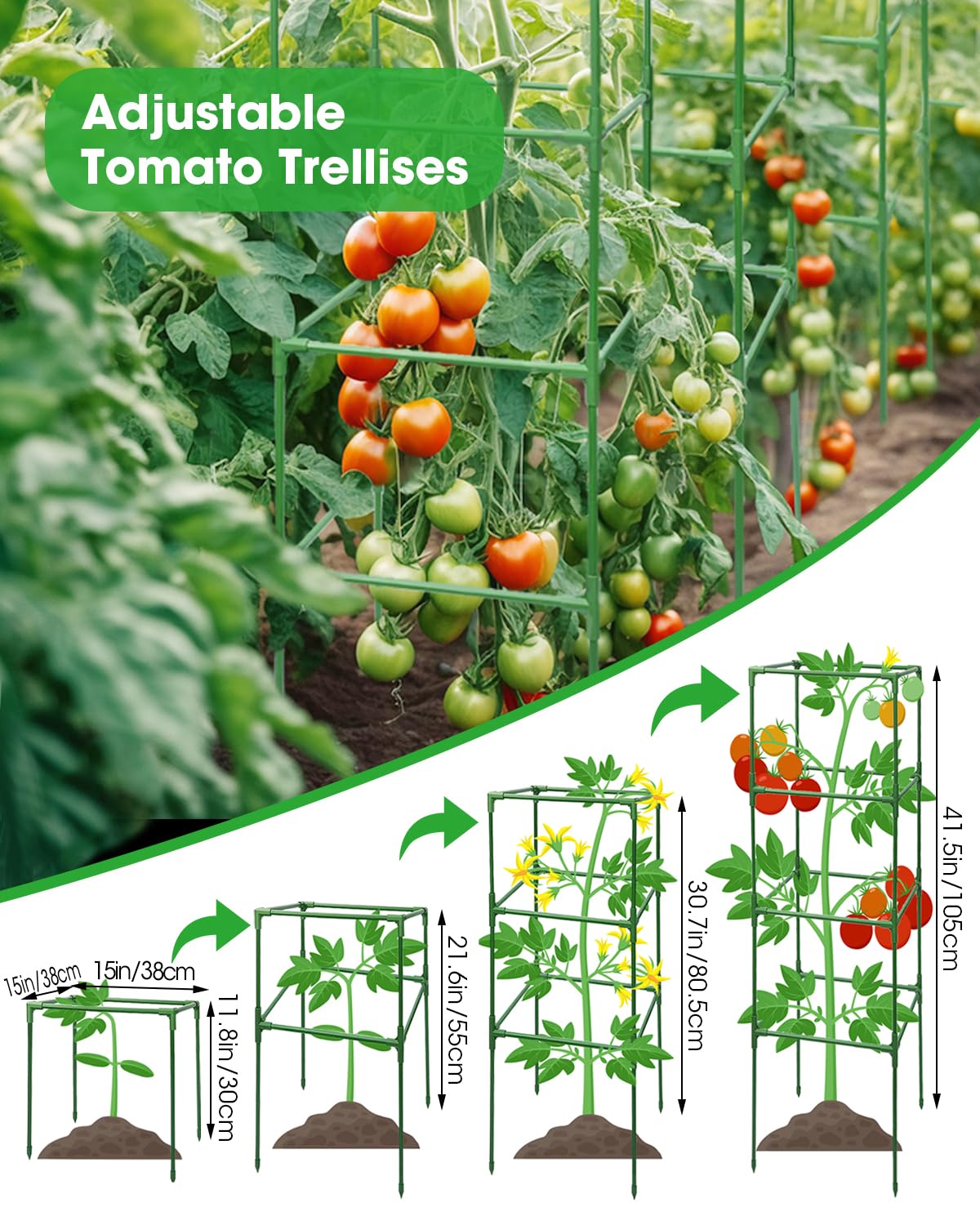 MYMULIKE 3 Pack Tomato Cages for Garden - Heavy Duty Square Tomato Plant Support Stakes, Height-Adjustable Tomato Trellis, Tomato Plant Cage for Raised Beds/Pots (Holds 50 Lbs)