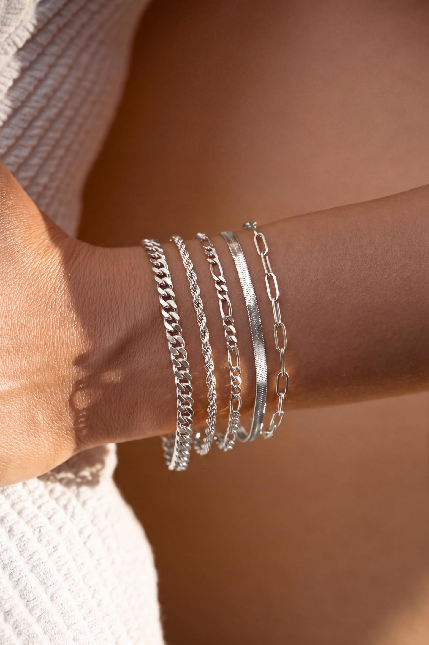 DEARMAY Silver Plated Bracelets for Women Dainty Silver Jewelry Sets for Trendy Stackable Paperclip Rope Snake Box Figaro Chain Bracelets Pack Costume Fashion Gifts for Womens