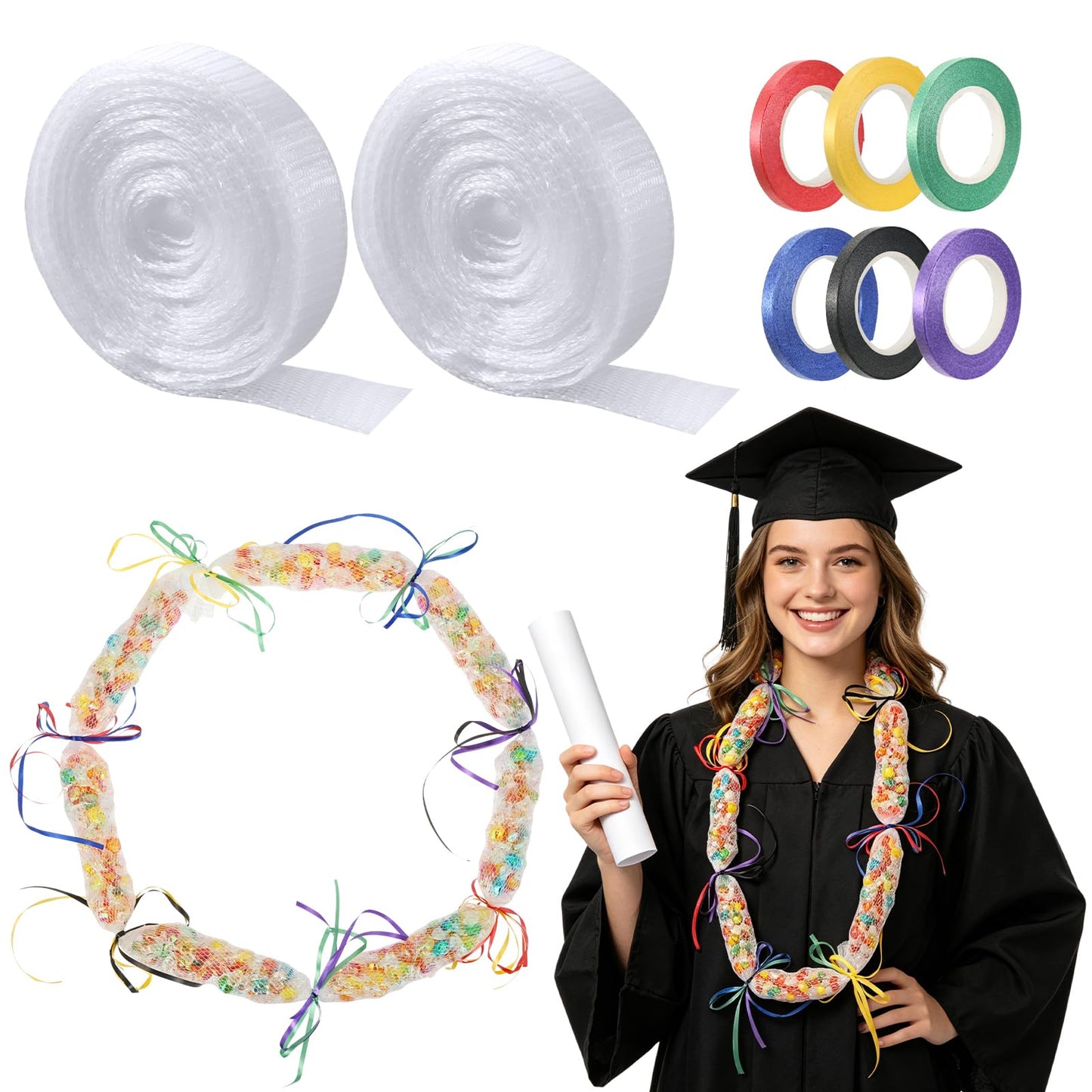 HFYZZ 2 Rolls Graduation Candy Lei Making Kit - 262 FT Candy Lei Netting Tubing with 6 Rolls Colorful Ribbons, Clear Candy Lei Making Kit for DIY Graduation Wreaths Packing Snacks