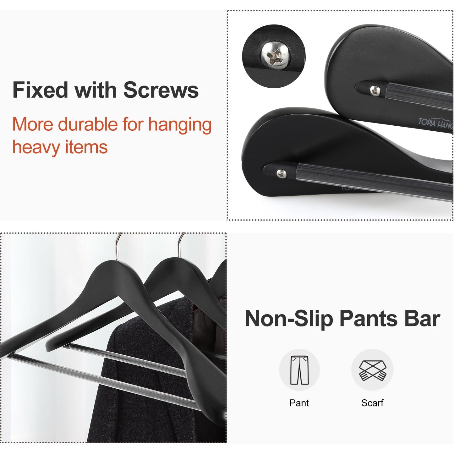 TOPIA HANGER Wide Shoulder Wooden Hangers, Suit Hangers with Non Slip Pants Bar & 360° Swivel Hook, Solid Wood Heavy Duty Coat Hanger, 10 Pack (Matte Black)-CT02B-10