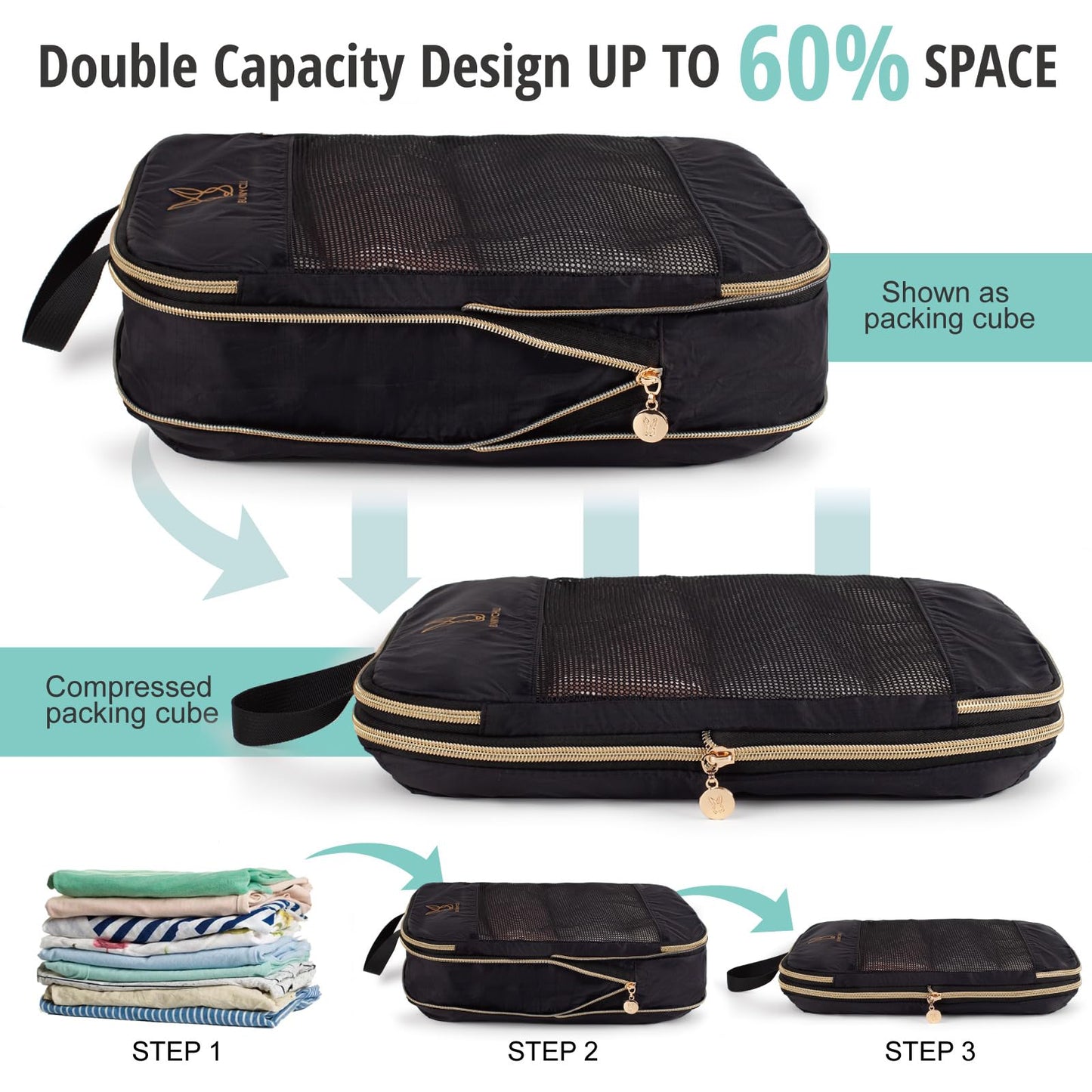 6 Set Compression Packing Cubes for Travel, Bunnychill Portable Zipper Packing Cube for Cloting, Expandable Space Saver Storage Luggage Organizer Bags for Suitcases(Black)