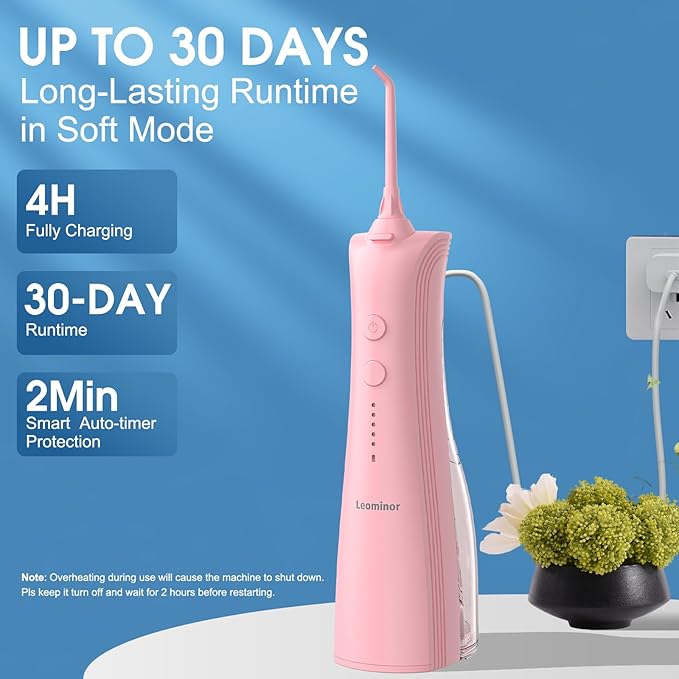 Leominor Water Dental Flosser - 5 Modes Cordless Portable Oral Irrigator, IPX7 Waterproof, Rechargeable Teeth Cleaner Upgrade Datchable Tank Professional Flossing Cleaning Pick for Home Travel (Pink)