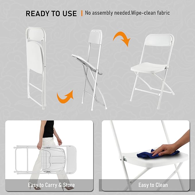 SEALAMB 6 Pack White Plastic Folding Chairs for Indoor Outdoor, Portable Commercial Seat with Steel Frame for Home Office Wedding Party Events, 350lb Capacity (White-Plastic, 6 Pack)