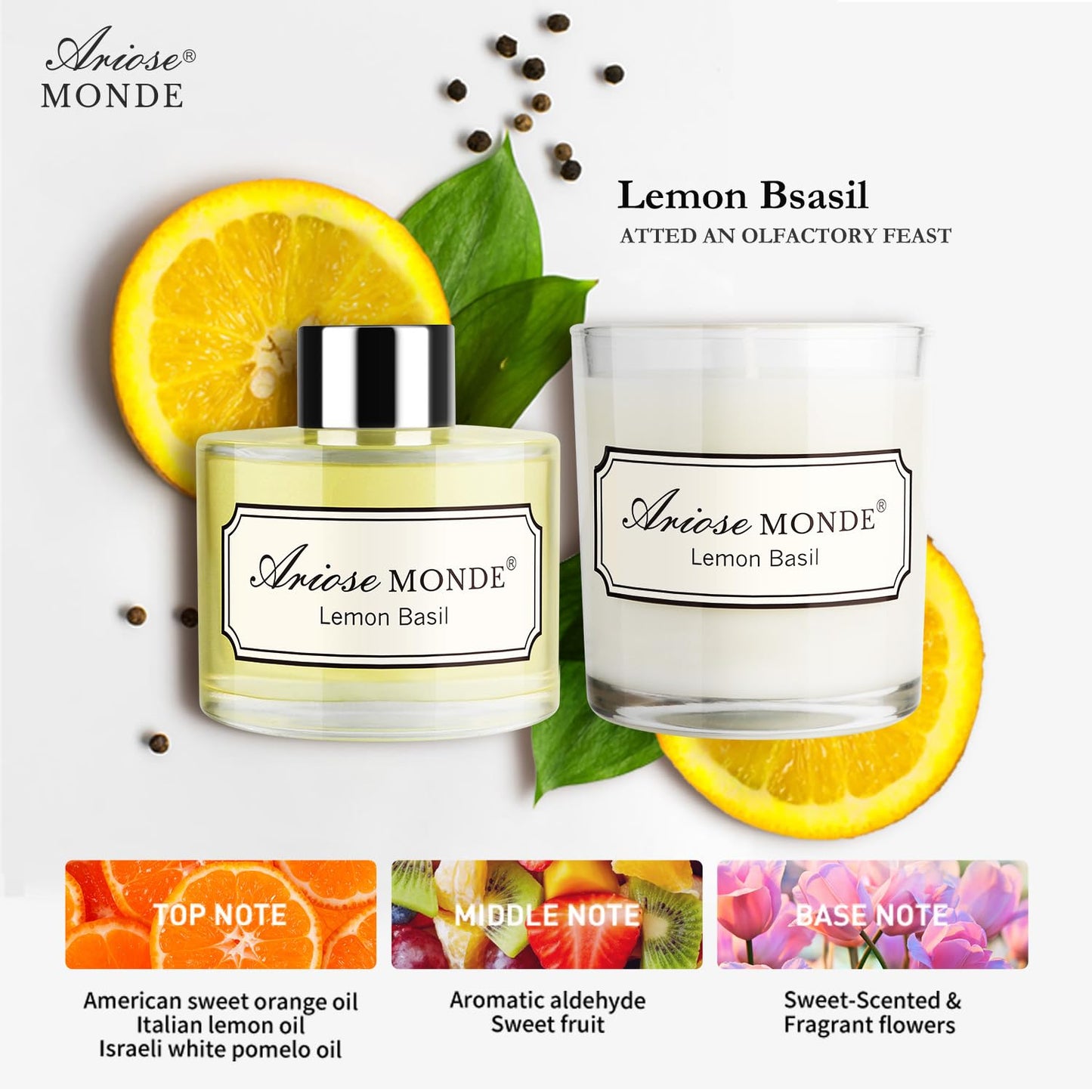 Reed Diffuser & Scented Candle Gift Set, Lemon Basil Oil Diffuser Sticks, Fragrance Diffuser & Soy Wax Candles in Glass Jar, Natural Soy Candles Gifts for Home Decor