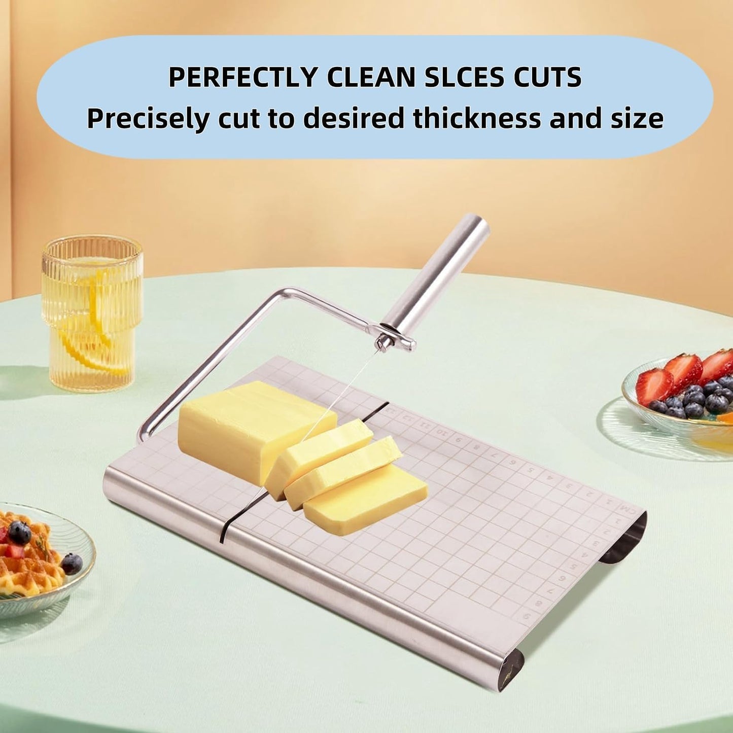 Direvcdro Stainless Steel Cheese Slicer with 5 Replacement Wires Adjustable Cheese Cutter and Cutting Board - For Block Cheese with Precision Scale for Gadget，Charcuterie etc