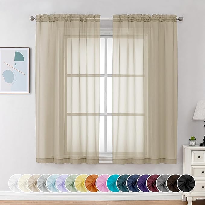 Chyhomenyc Taupe Sheer Curtains 54 Inch Long 2 Panels, Light Filtering Rod Pocket Voile Short Curtains Drapes for Living Room Bedroom Small Windows, 42Wx54L Inches