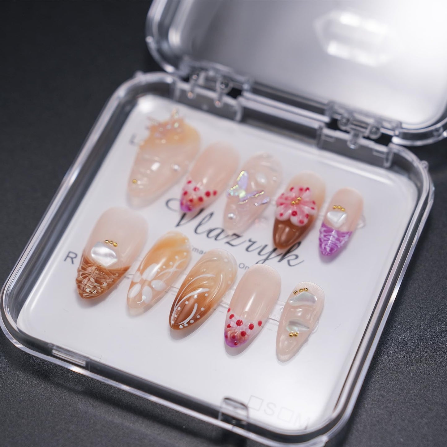 Handmade Press-On Nails – Medium Almond French Tip 3D Butterfly & Brown gradient Flowers Nails,Salon-Quality Reusable Fake Nails,Handcrafted Multi-Layer Gel & Acrylic Nails M SIZE