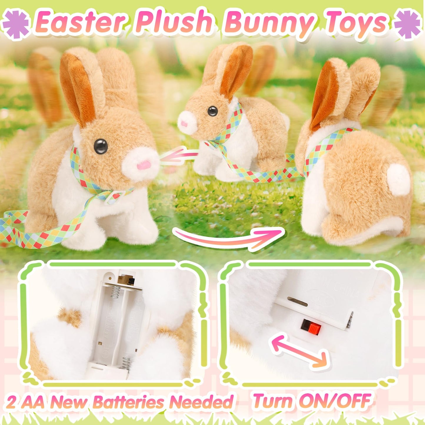 Tagitary Easter Plush Bunny Toys for Kids,Hopping Interactive Rabbit with Leash and Wind Up Toys,That Making Sounds,Wiggling Ears,Twitching Nose,Easter Basket Stuffers Gift for Toddlers