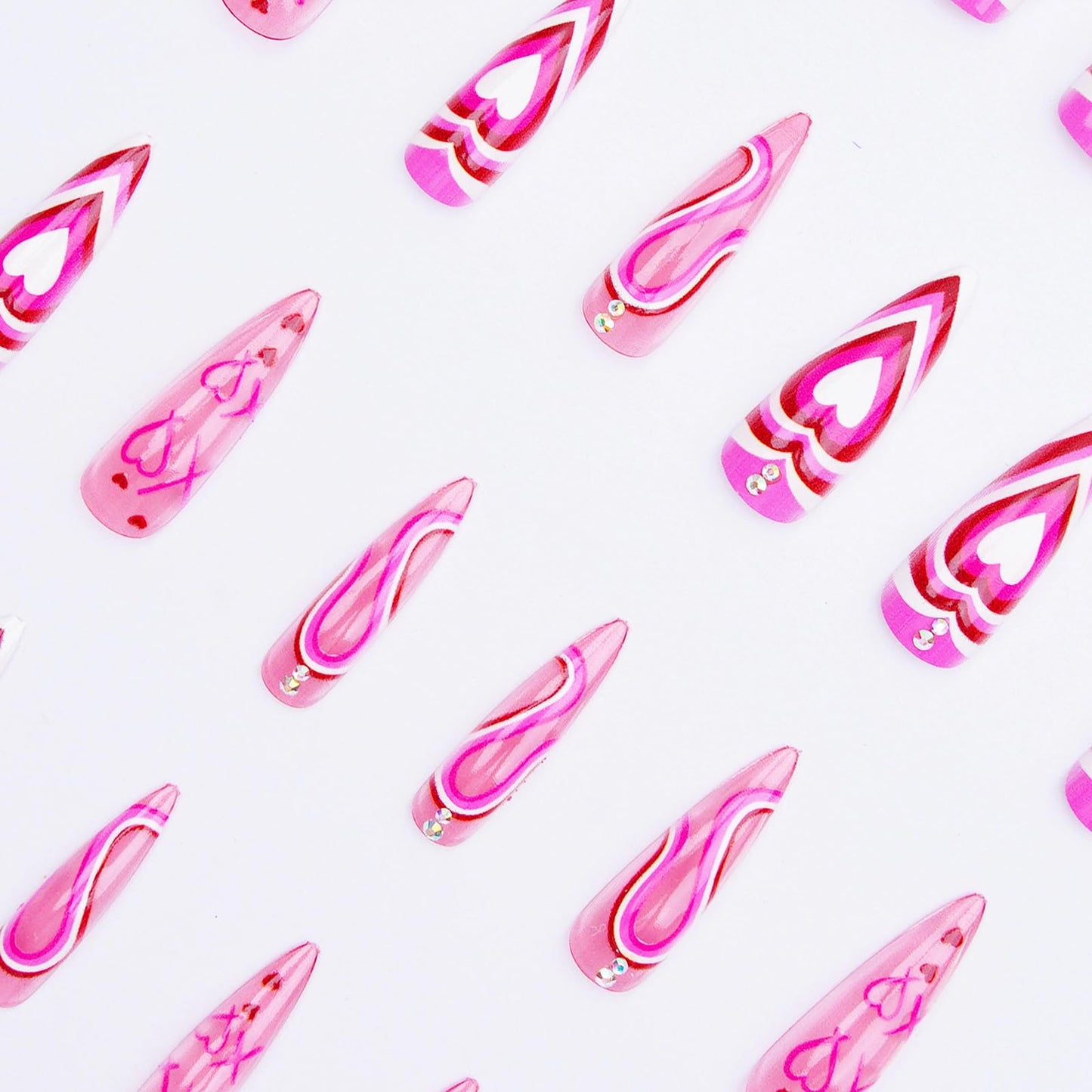 MISUD Press on Nails - Long Stiletto Fake Nails with Hot Pink, Acrylic Valentines Heart Design 24 pcs