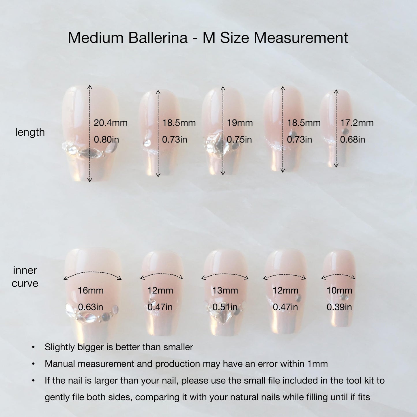 [GLORS] Purly Handmade Medium Ballerina Press on Nails | Moon Dream - French-style Pink Fake False Nail Tips with Diamond, 10 Pieces (Medium, MB)