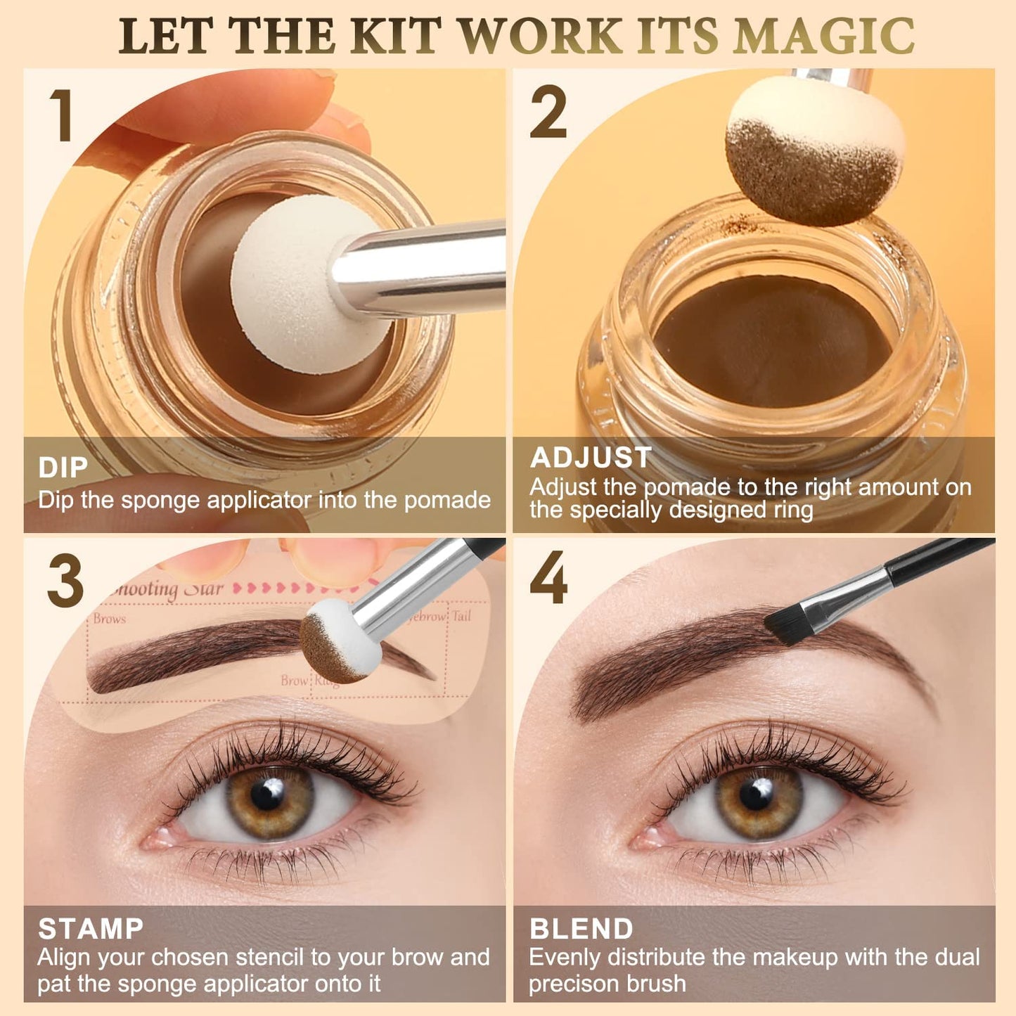 Eyebrow Stamp Stencil Kit for Eyebrows, Brow Stamp Trio Kit with Waterproof Eyebrow Pencil, Eyebrow Pomade, 20 Eyebrow Stencils, Dual-ended Eyebrow Brush and Sponge Applicator - Black Brown