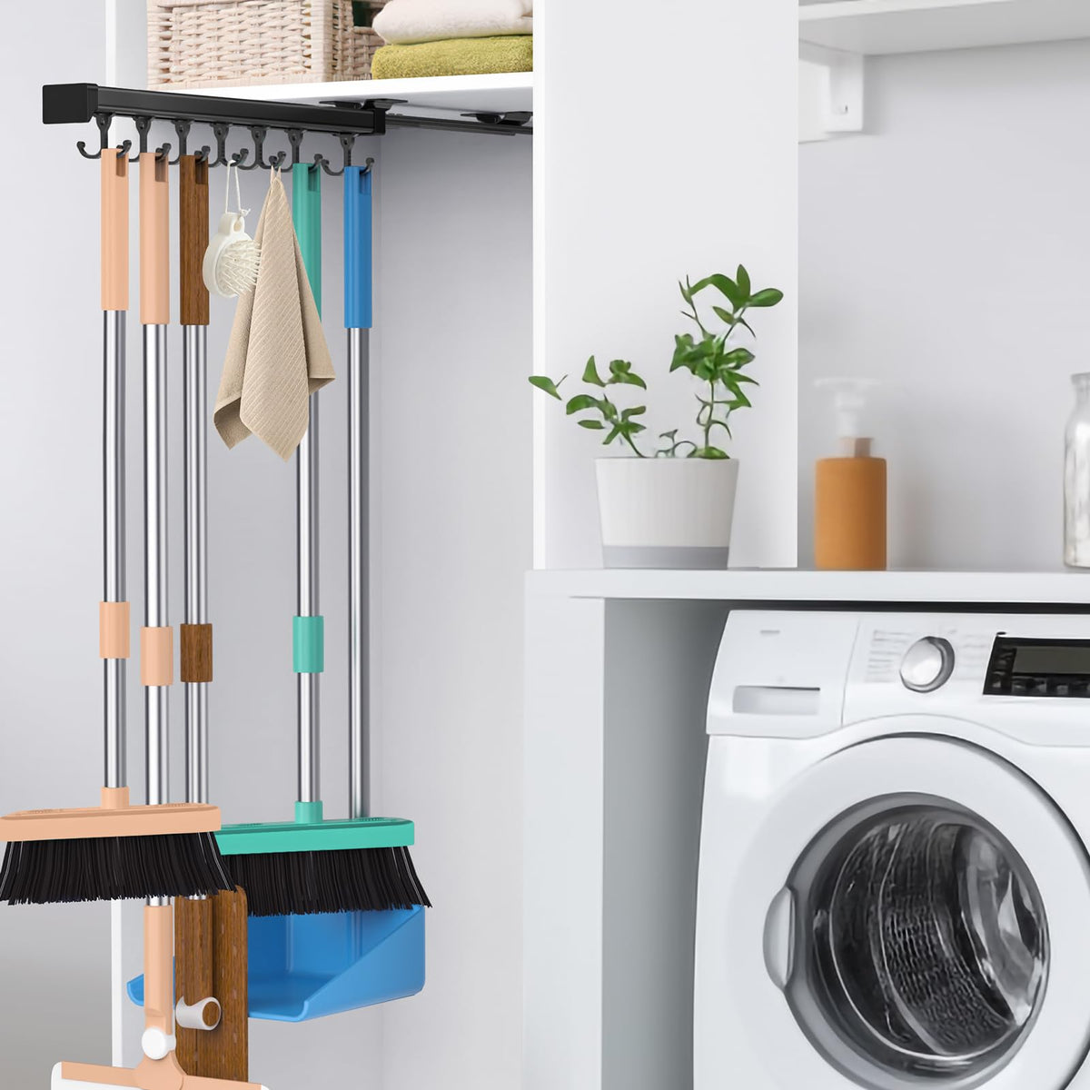 Pull Out Broom Holder With Adjustable Double Row Sliding Hook