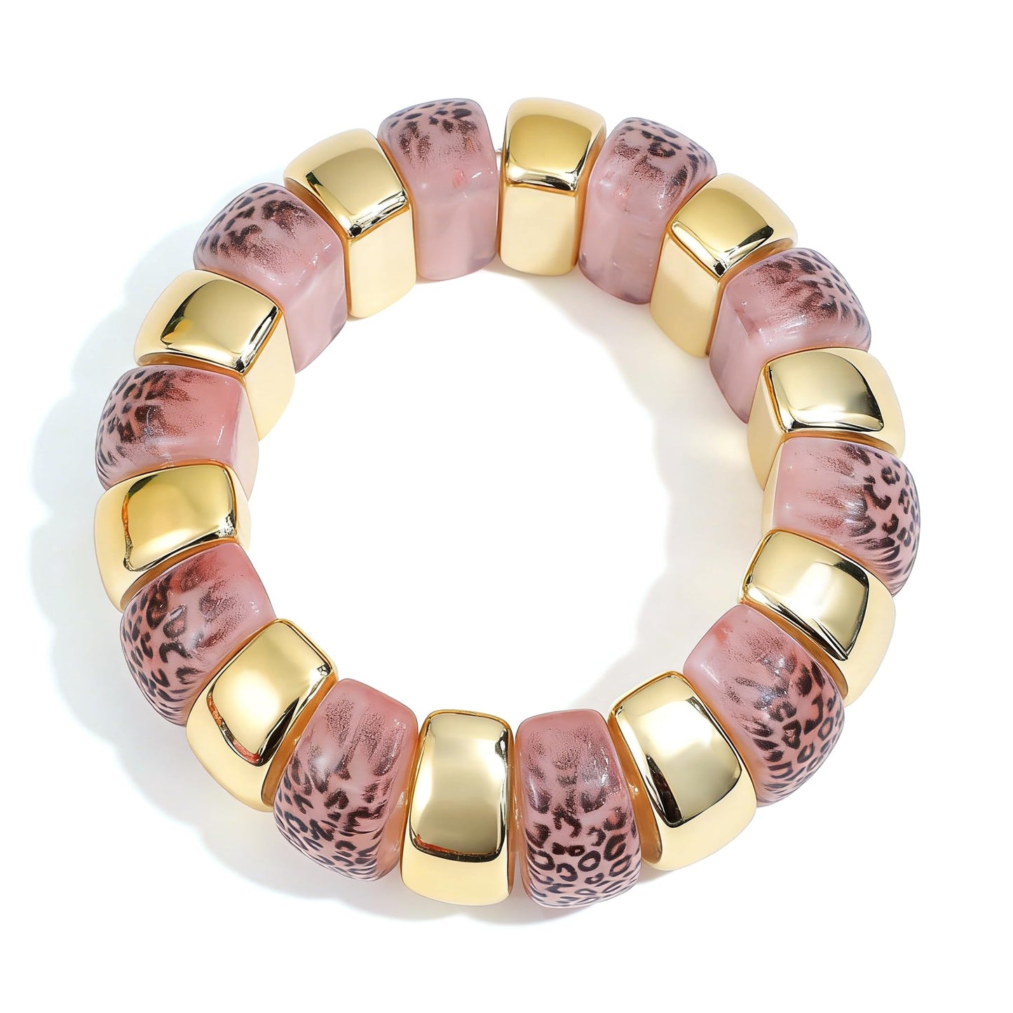 GOOJIDS Leopard Beaded Gold Plated Bangles Bracelet Chunky Bamboo Tube Curved Stacking Clear Acrylic Colorful Beads Stretchable Plated Bracelets Set For Women
