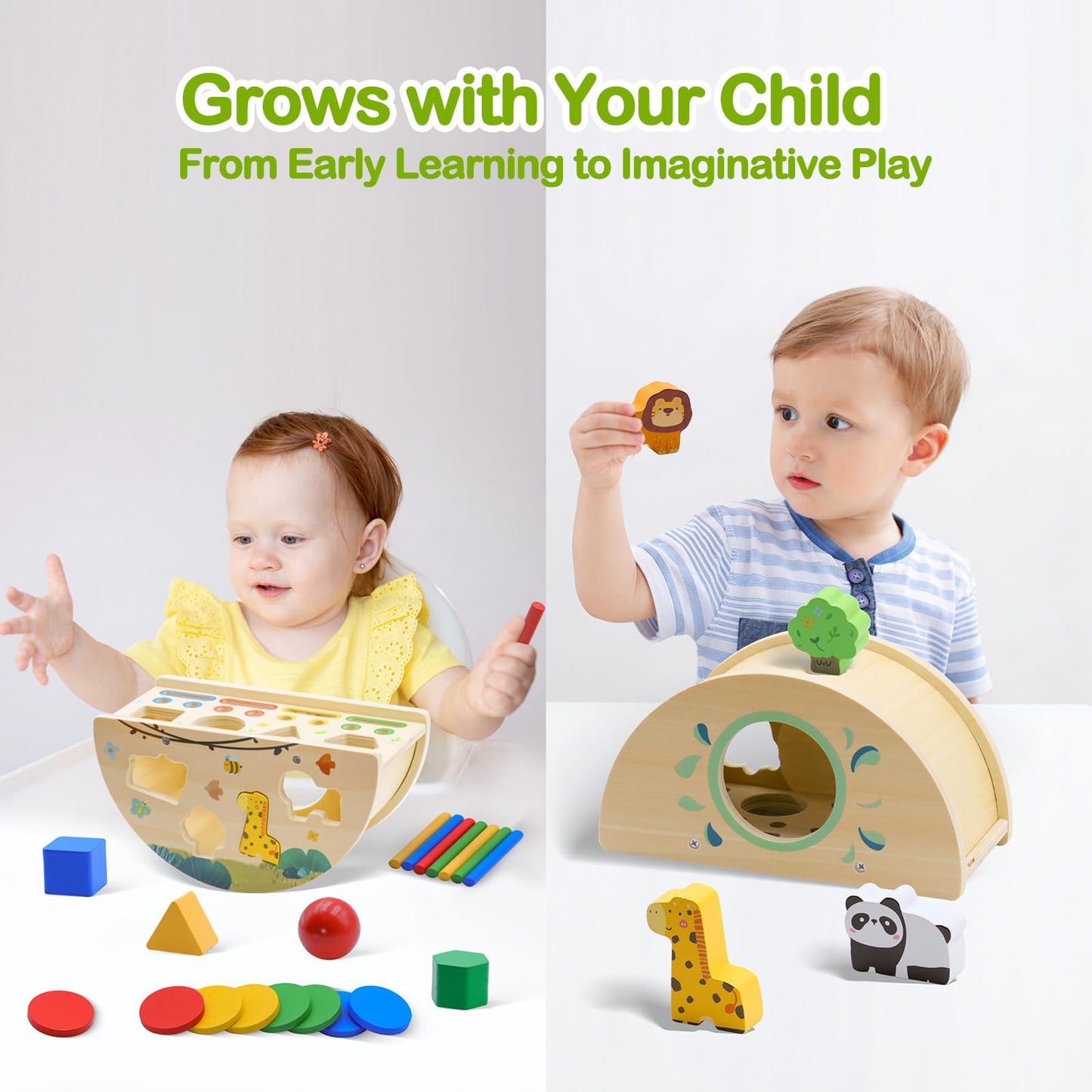 Humerry Montessori Busy Box for Toddlers 1-3, Wooden Object Permanence Coin Box with Shape Sorter & Animal Matching, Sensory Fine Motor Learning Toy with Wobble Base, Gift for 1 2 3 Year Old