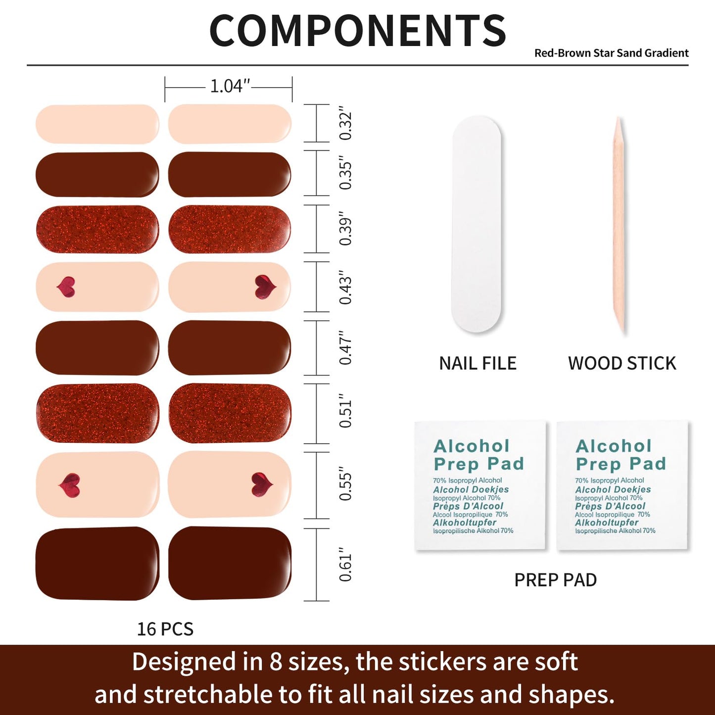Semi Cured Gel Nail Strips - Dark Brown Heart Pink-Stylish Nail Wraps, No UV Light Needed, Effortless Application & Removal, Salon Quality, Includes 16 Wraps, 1 Prep Pad, Wooden Stick & Nail File