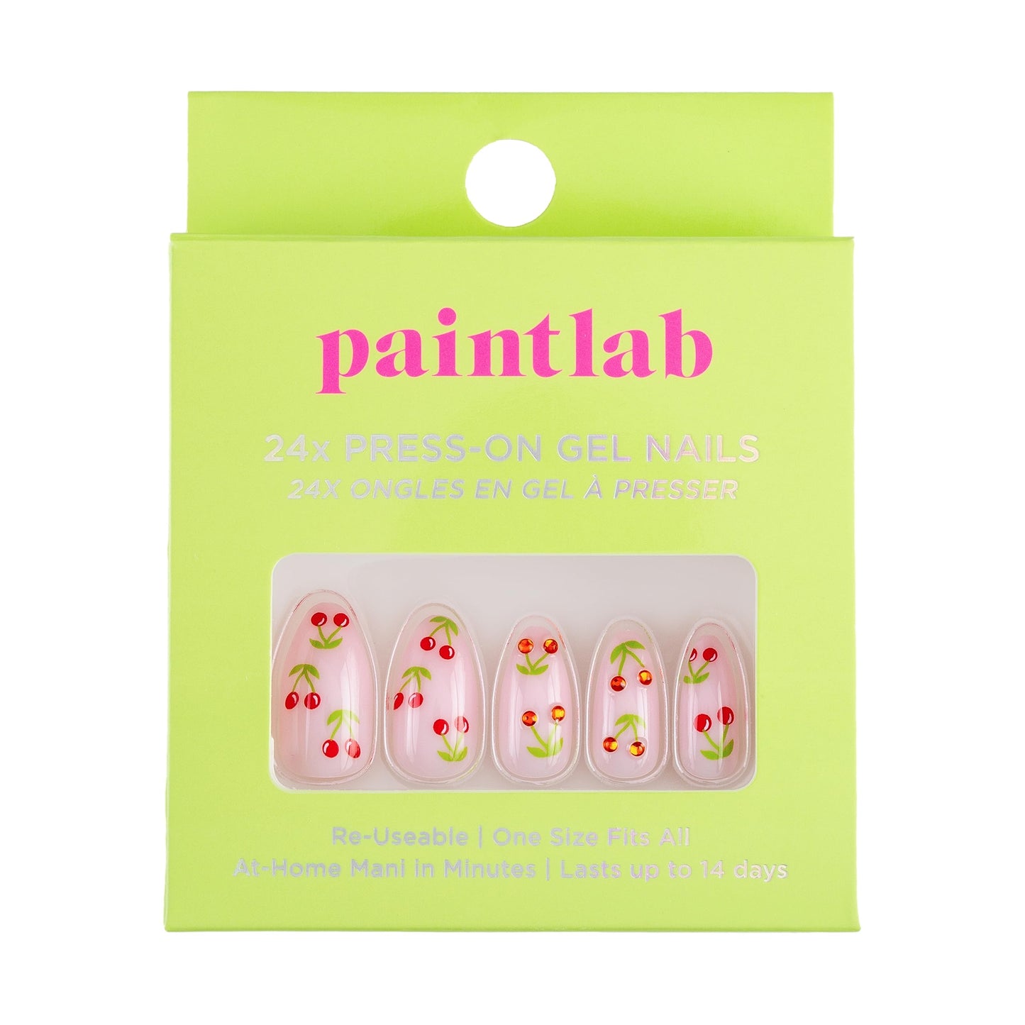 PaintLab Press On Nails - Cherry Bomb Almond Fake Nails, 30 Nails in 15 Sizes with Glue, Reusable Salon Quality Press On Nails