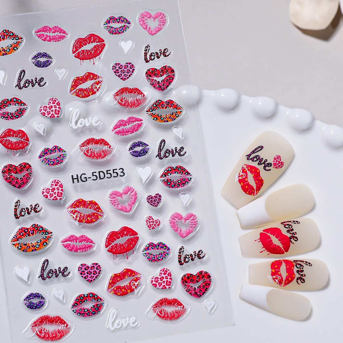 4 Sheets 5D Embossed Valentines Nail Art Stickers Red Heart Bow Nail Decals Self-Adhesive Romantic Love Red Lips Nail Design Stickers Cute Valentine's Nails Supply for Women DIY Manicure Decoration