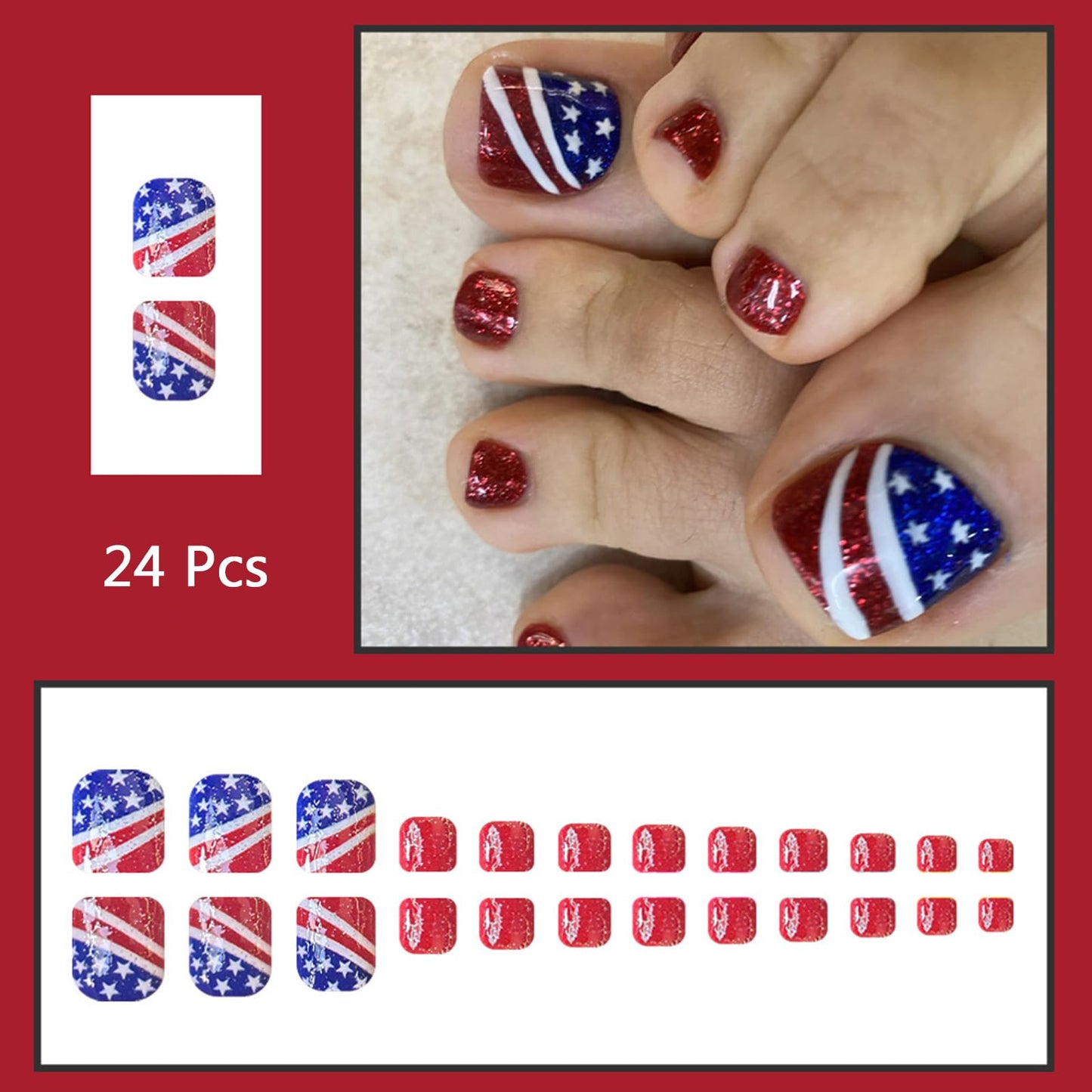 Independence Day Press on Toenails Short Square Fake Toe Nails with American Flag Design Red Blue False Toenails 4th of July Toe Nails Press on Summer Glossy Acrylic Toenails for Women 24Pcs