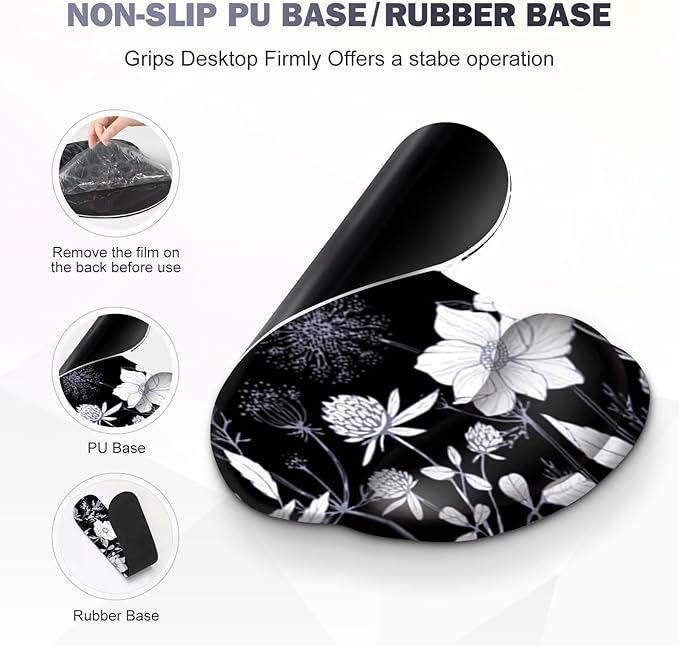 Gaming Mouse Pad, Large Desk Mat, Cute Desk Pad Protector, 4in1 XXL Mousepad + Keyboard Wrist Rest+Mouse Wrist Rest+Coaster Set with Ergonomic Desk Pad for Home Office PC Computer, Black White Flowers
