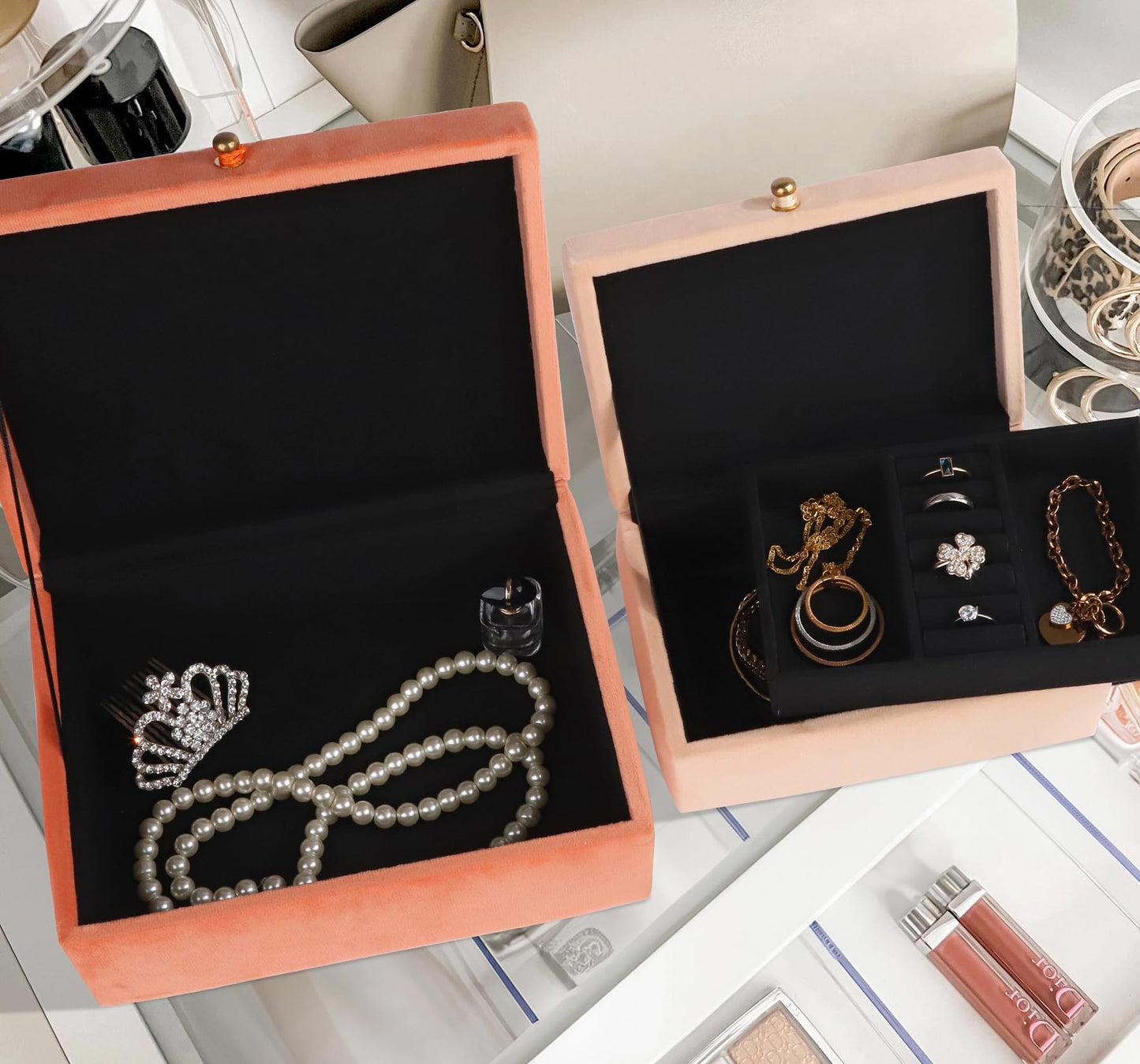 HofferRuffer Velvet Jewelry Boxes Decorative Boxes, Storage Accessory Organizer Boxes with Elegant Handle Decor, Classic Velvet Set of 2 Pieces (Orange)