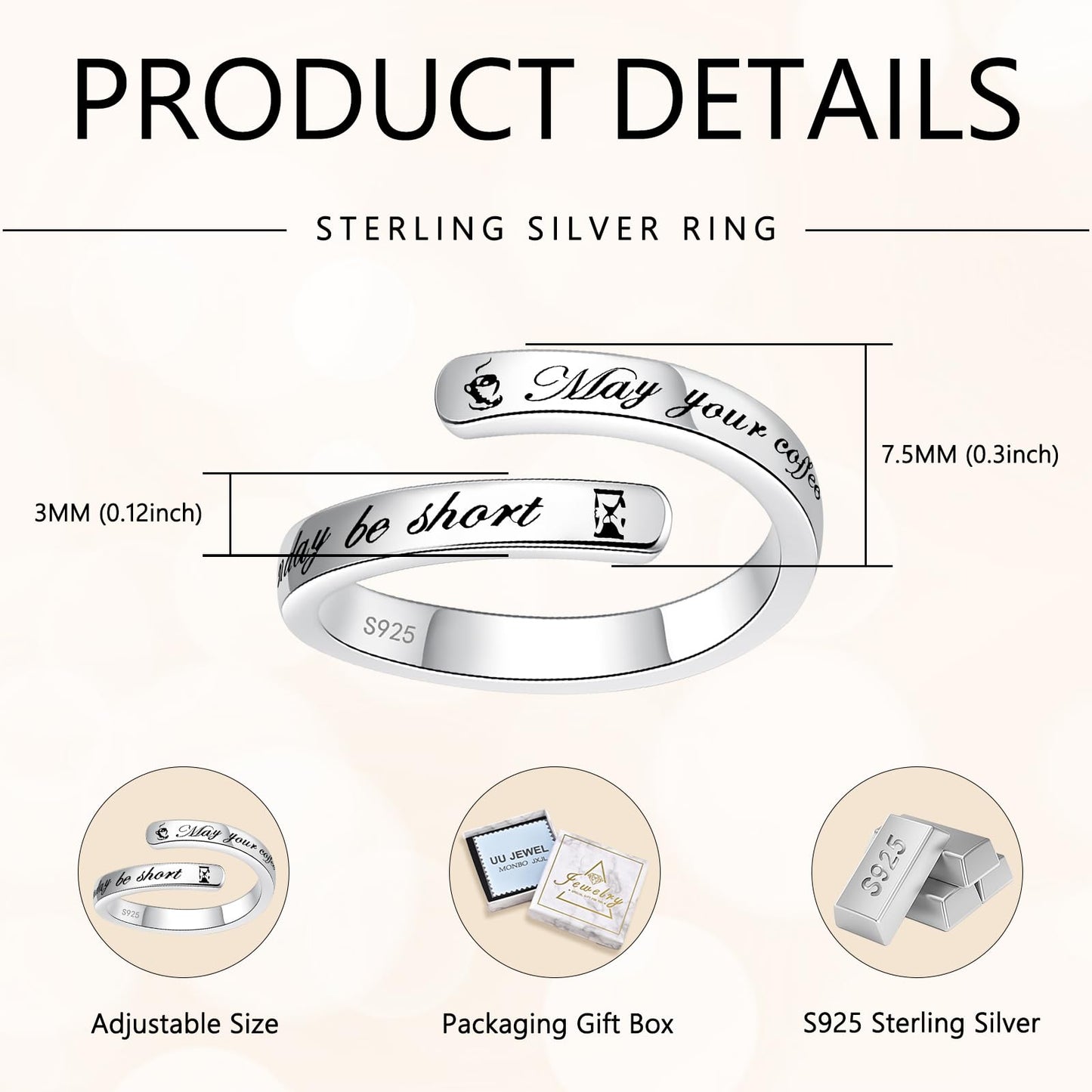 JXJL S925 Sterling Silver Inspirational Jewelry Rings Adjustable Ring Personality Encouragement Gift for Teens Women