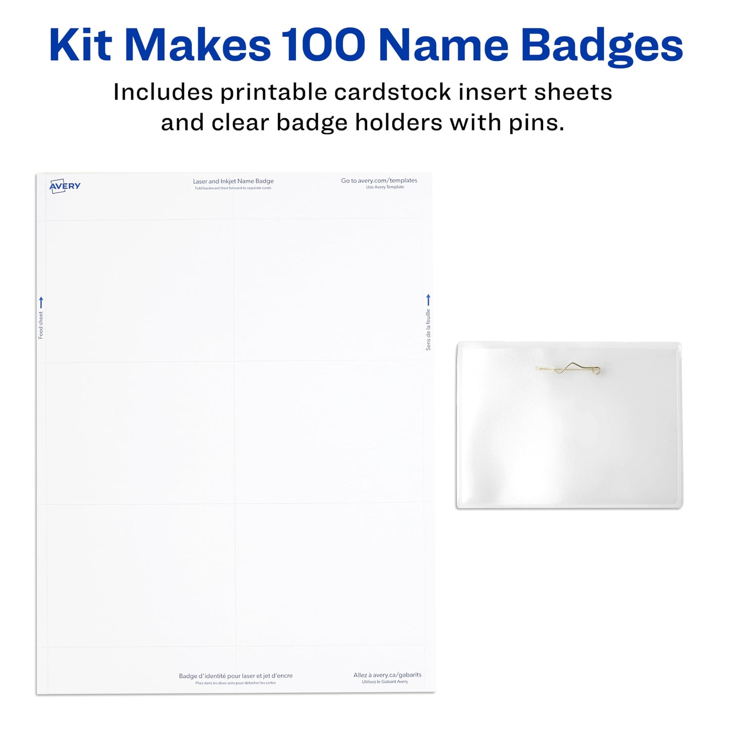 Avery Customizable Name Badges, Pin Style, 3" x 4", Clear Name Tag Holders, White Laser/Inkjet Printable Inserts, 100 Total (74540)