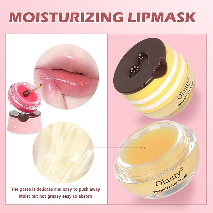 6 PCS Bee Lip Balm Lip Mask Honey Pot, Propolis Lip Mask Overnight Moisturizing Lip Balm with Stick, Sleeping Lip mask Hydrating Prevention Dry & Cracked, Reduce lip Lines
