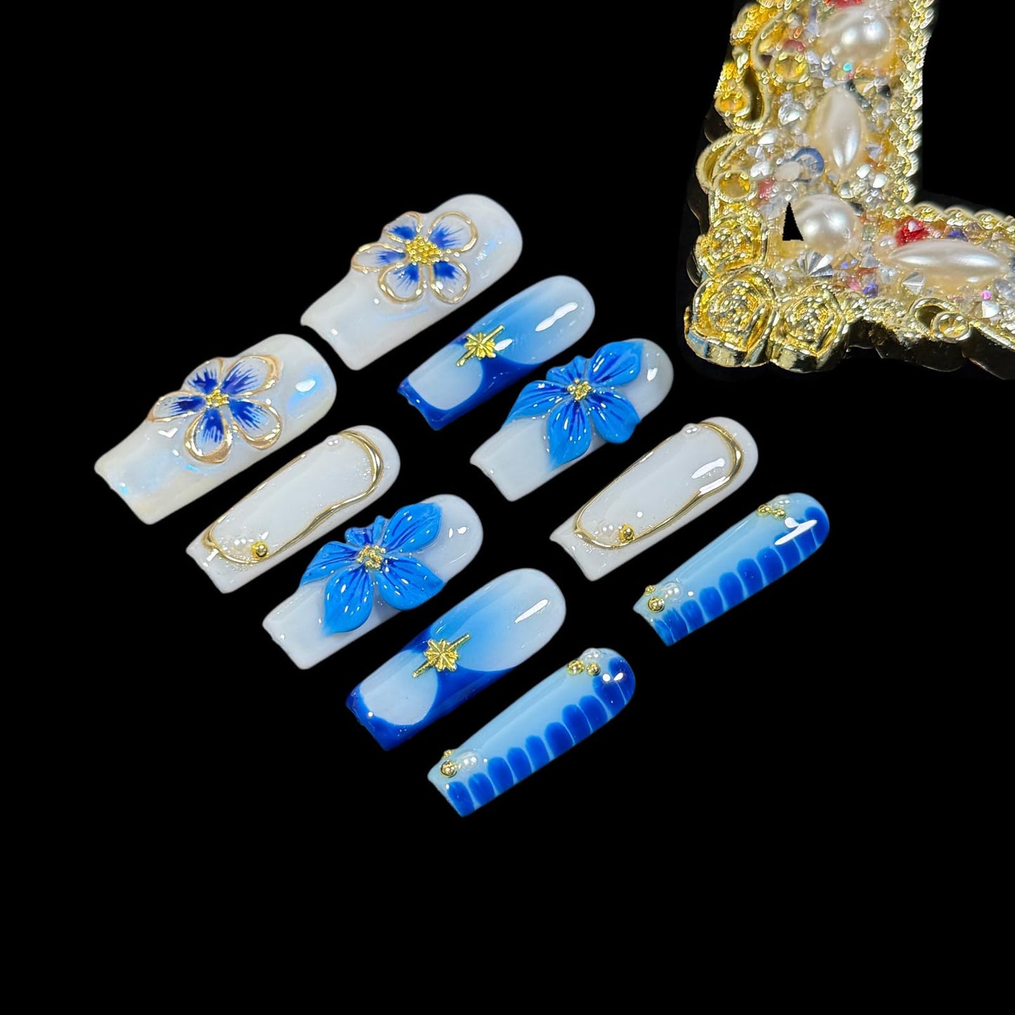 3D Handcrafted Press on Nails, Long/Medium Square Shape, Blue and White Floral, Gold Accent, Reusable Acrylic False Nails, Ocean Bloom (S)