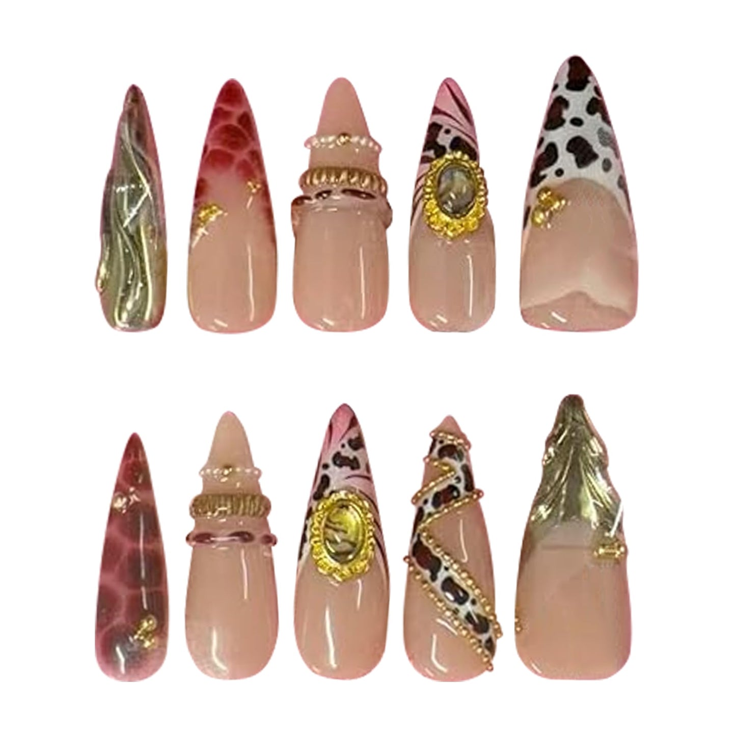 Pinktlicious Handmade Nude Stiletto Press On Nails - Neutral French Tip Glue On Nails with Gold Accents, Reusable Salon-Quality Fake Nails for Women (M)